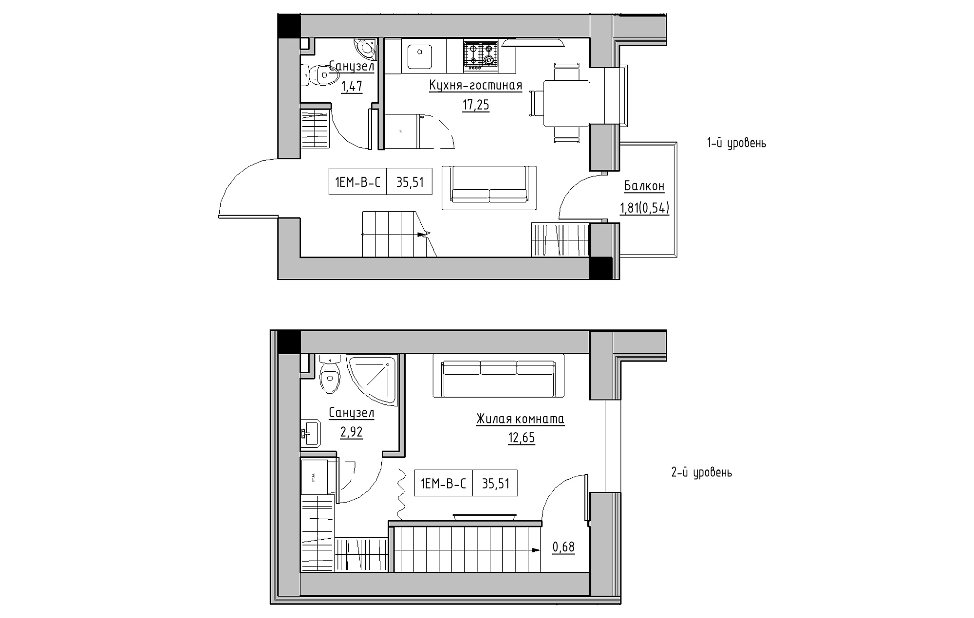 Planning 2-lvl flats area 35.51m2, KS-018-05/0013.