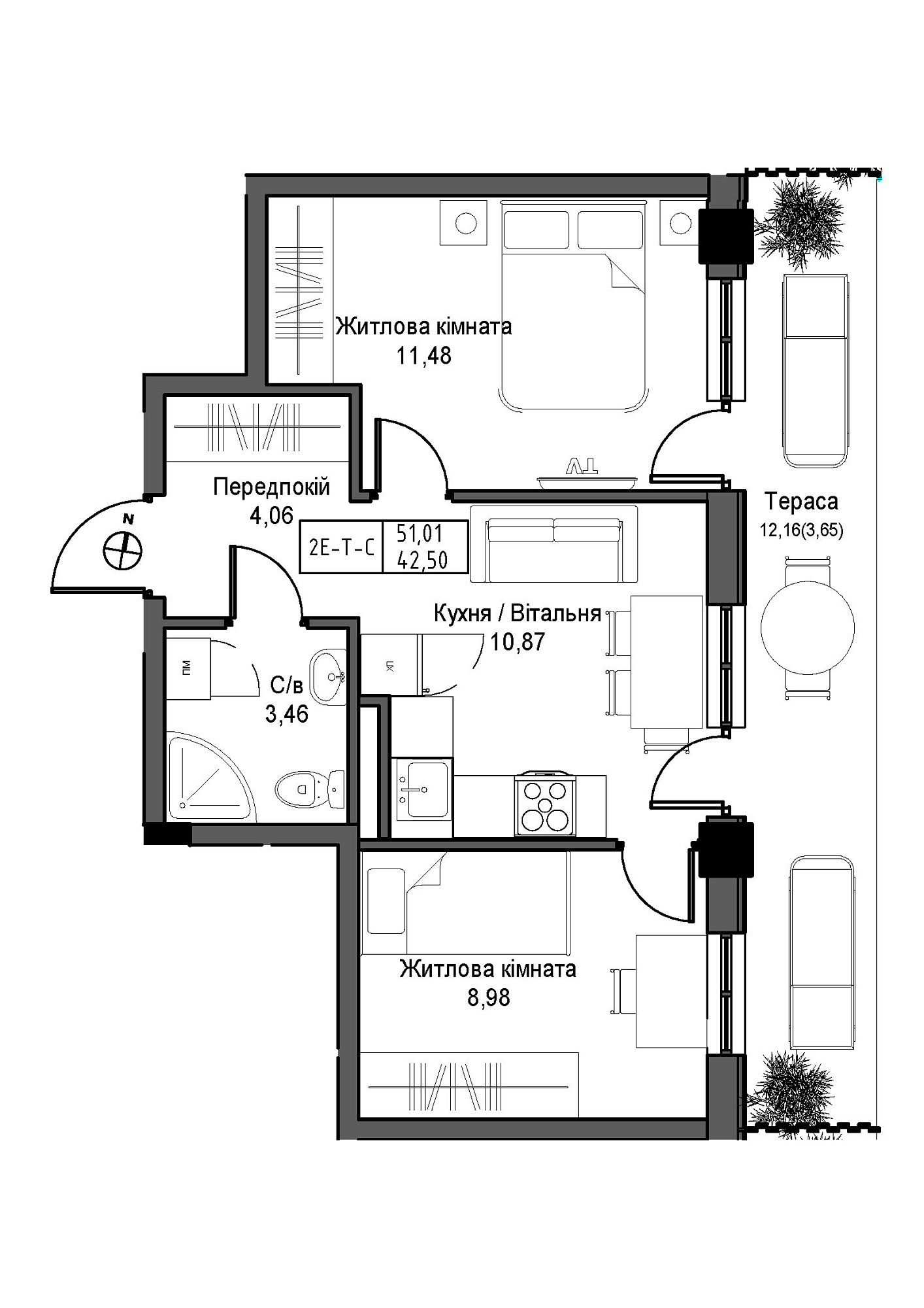 Planning 2-rm flats area 42.5m2, UM-007-09/0007.