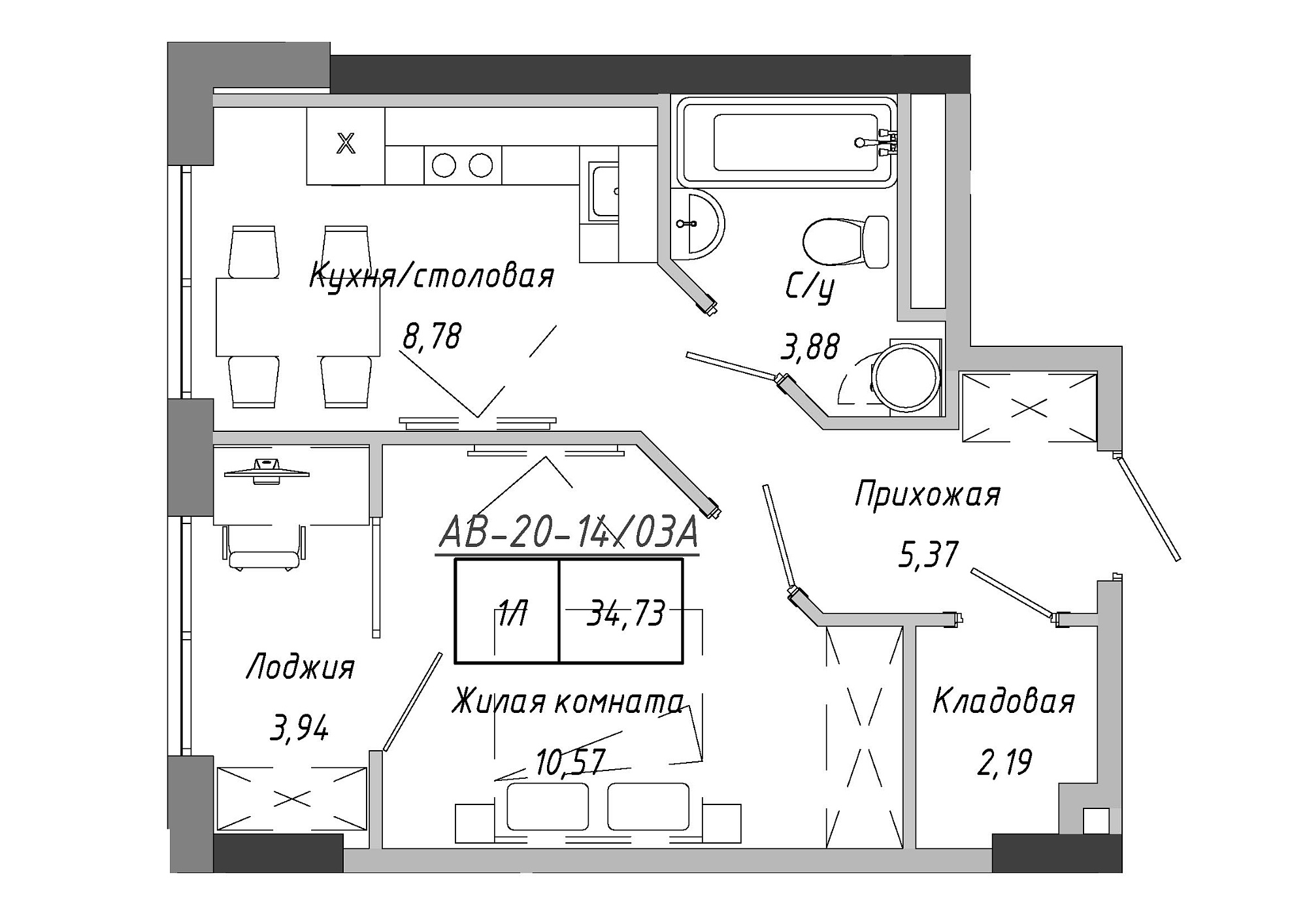 Планування 1-к квартира площею 34.73м2, AB-20-14/0103a.