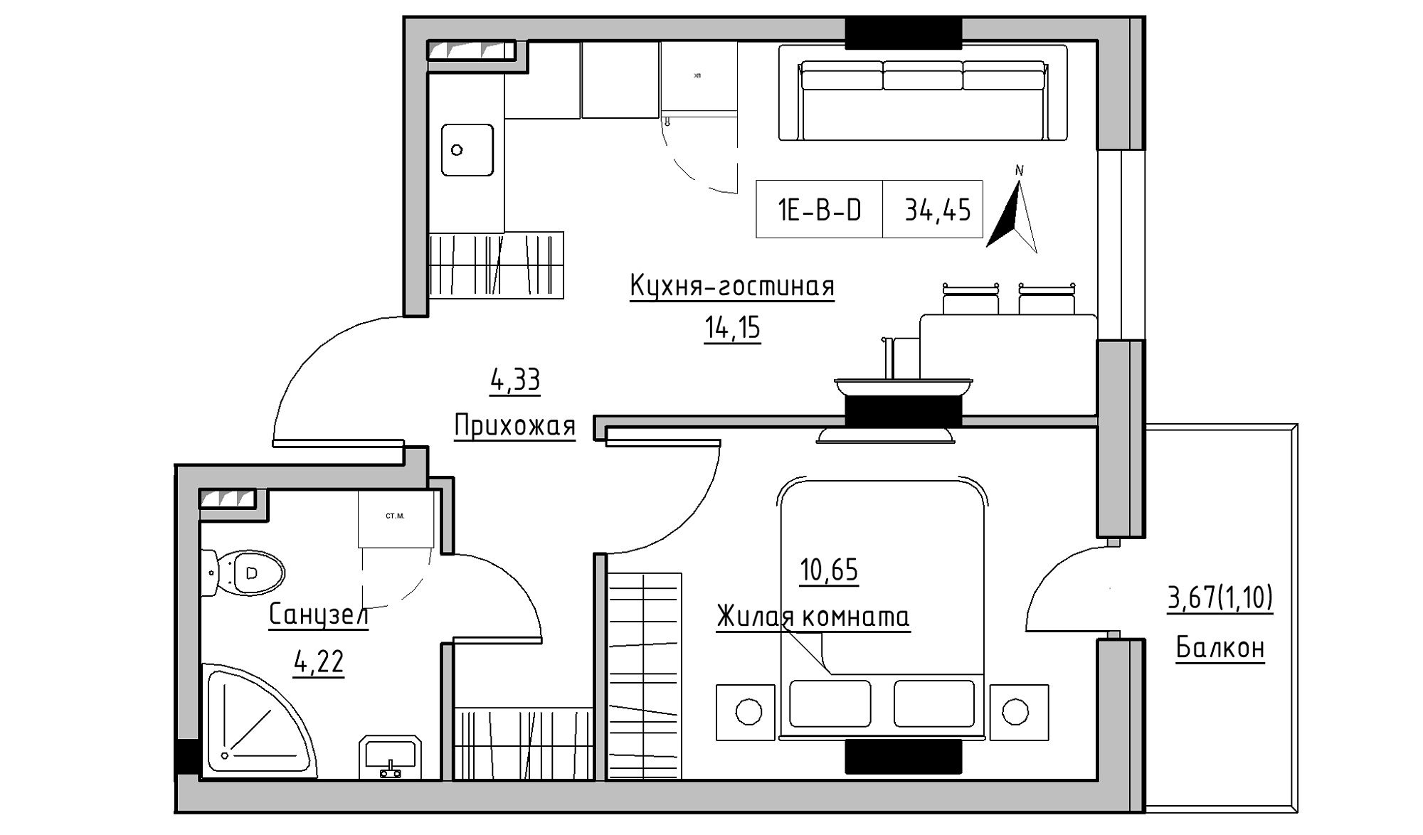Планировка 1-к квартира площей 34.45м2, KS-025-02/0002.
