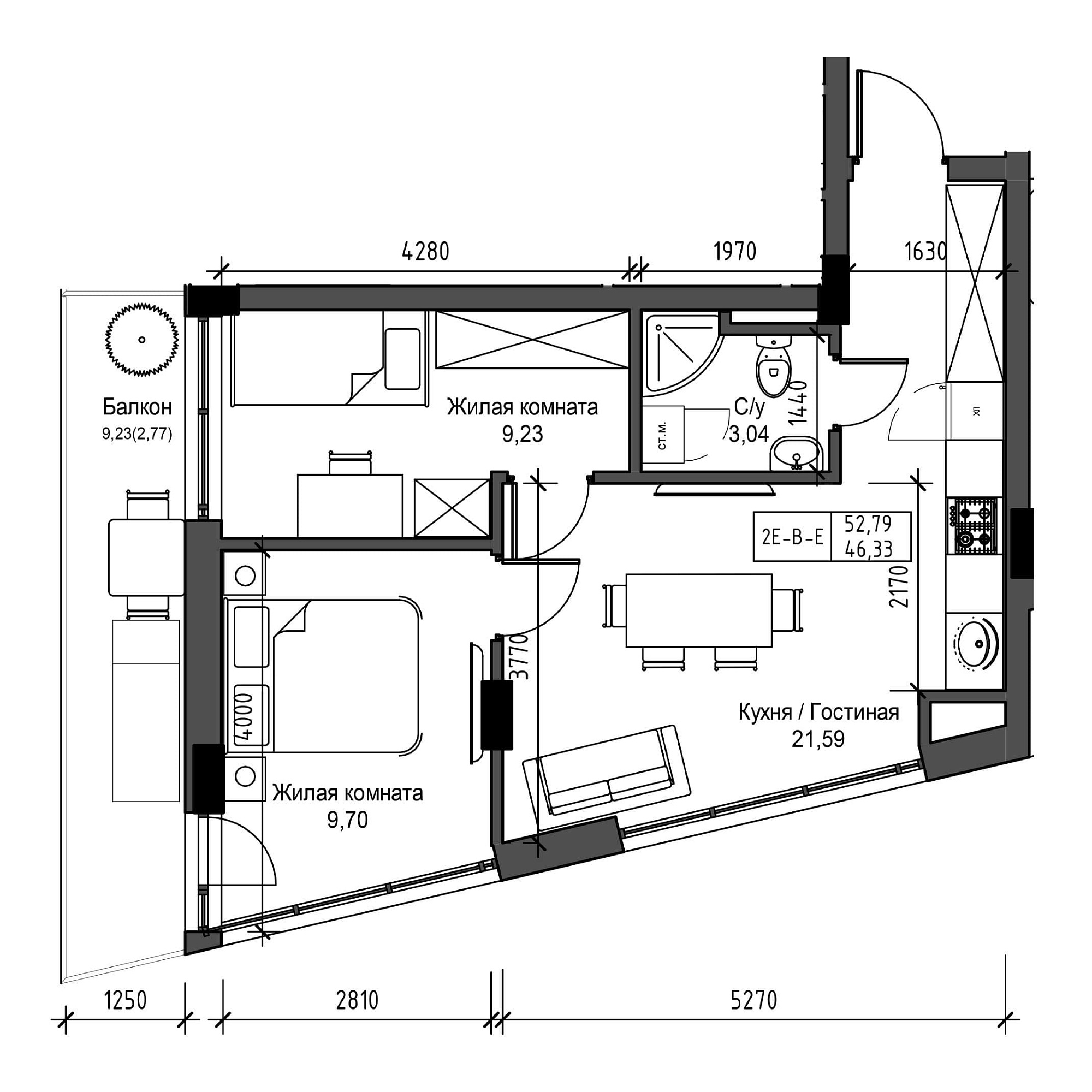 Планировка 2-к квартира площей 46.33м2, UM-001-07/0009.
