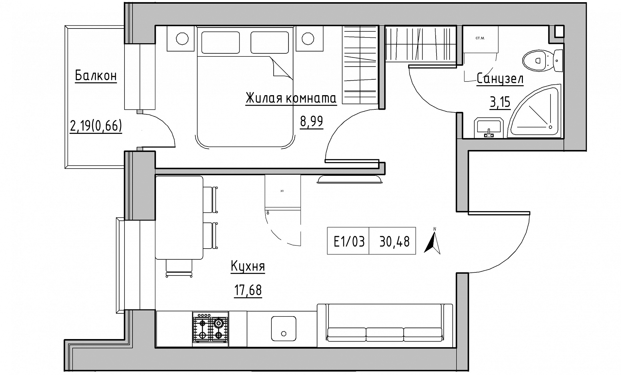 Планування 1-к квартира площею 30.48м2, KS-015-04/0003.