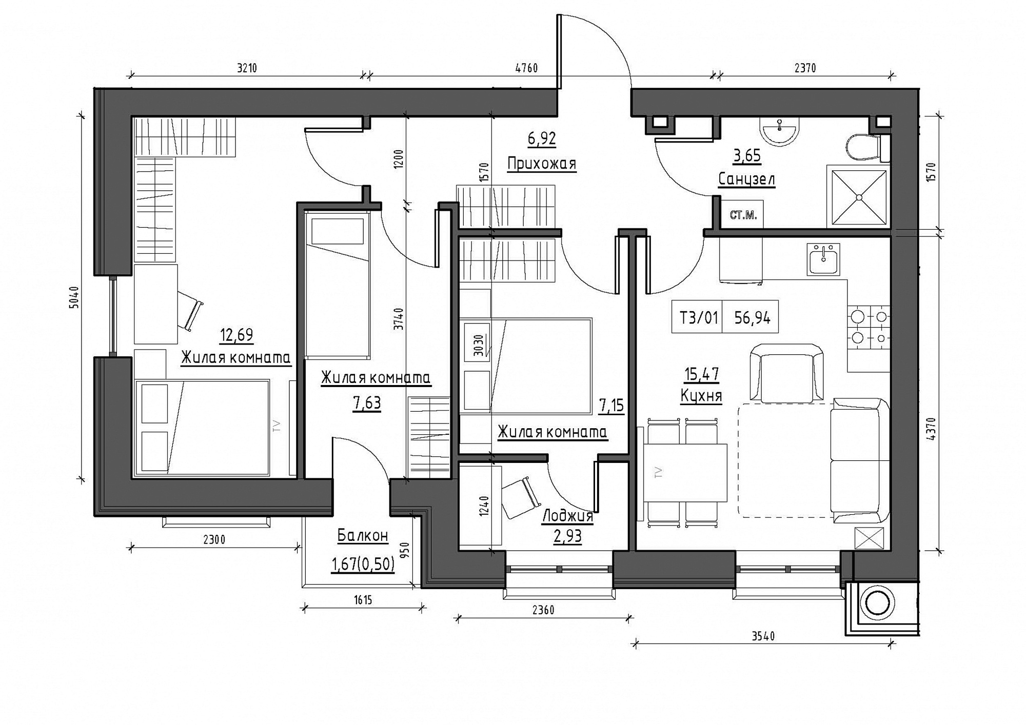 Планування 3-к квартира площею 56.94м2, KS-012-02/0008.