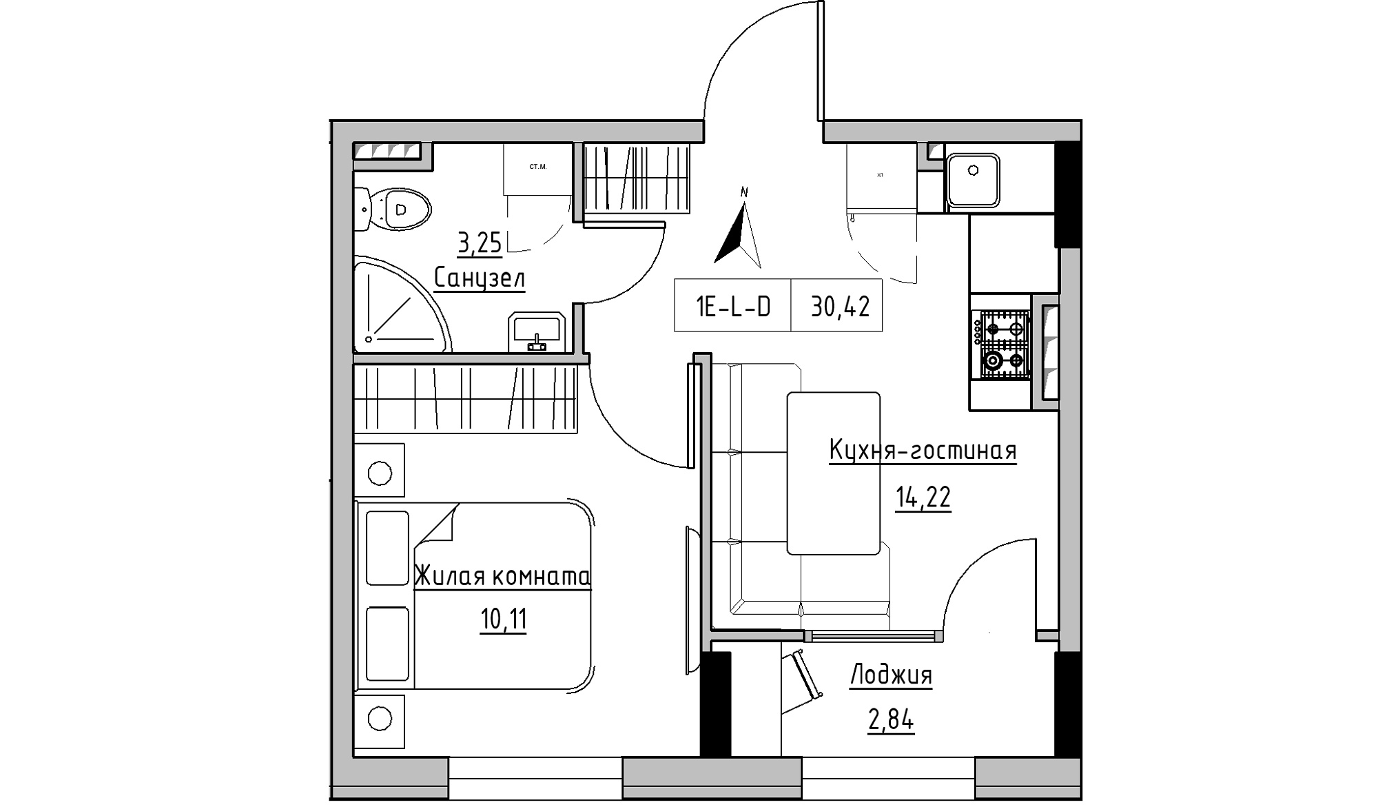Планировка 1-к квартира площей 30.42м2, KS-025-03/0013.