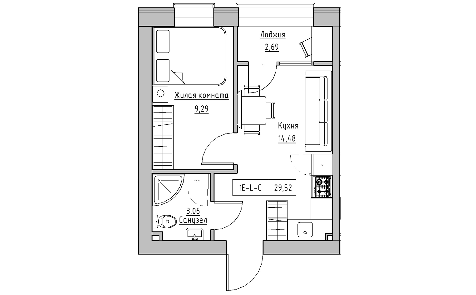 Планировка 1-к квартира площей 29.52м2, KS-022-01/0006.