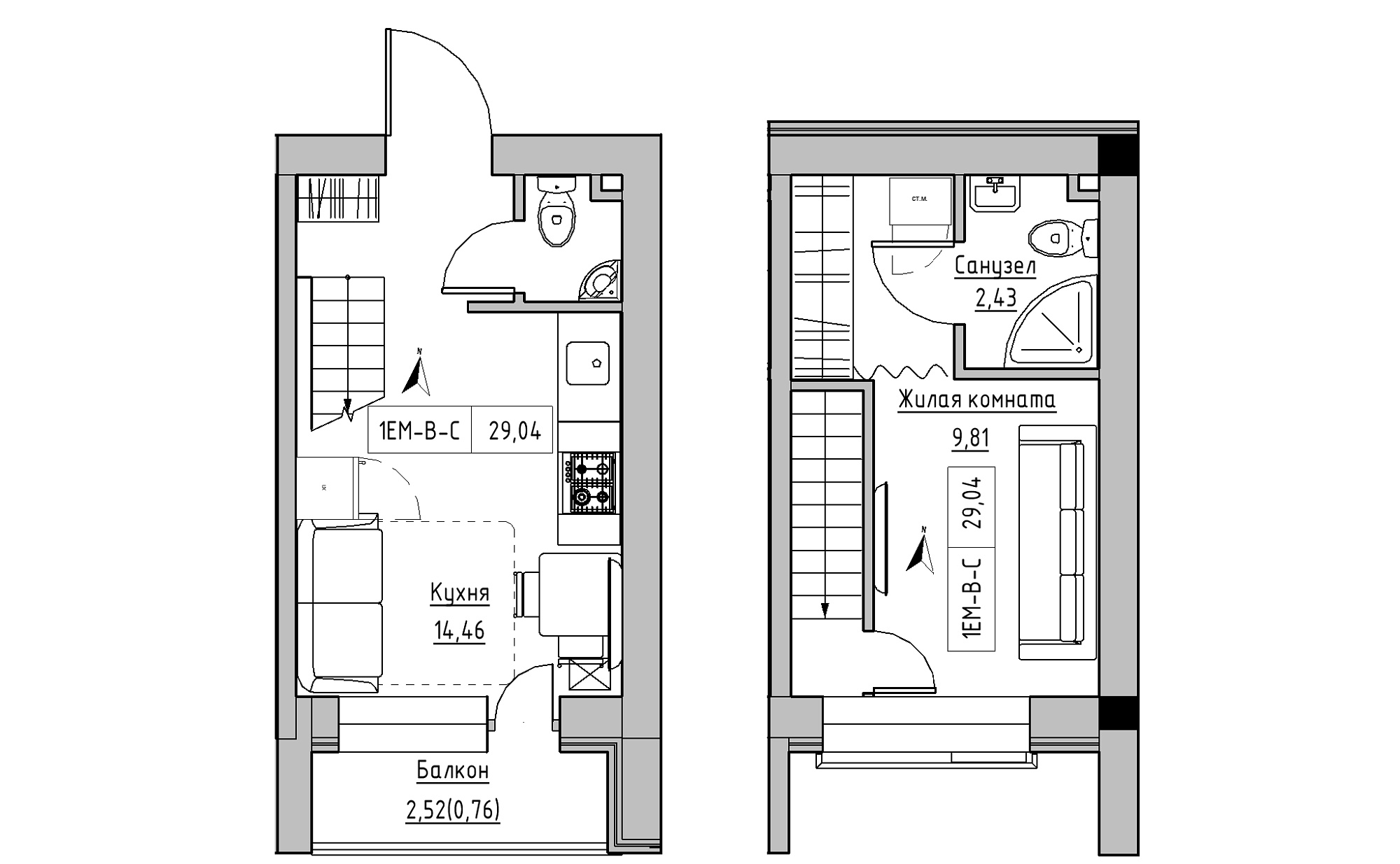 Planning 2-lvl flats area 29.04m2, KS-023-05/0013.