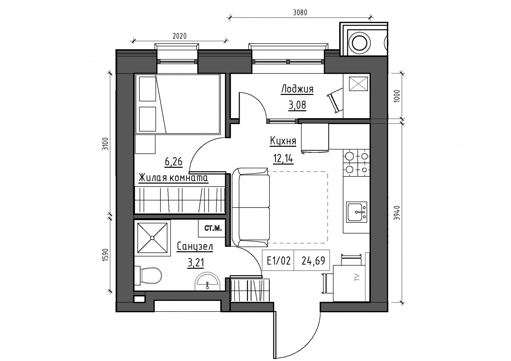 Планування 1-к квартира площею 24.69м2, KS-011-02/0014.