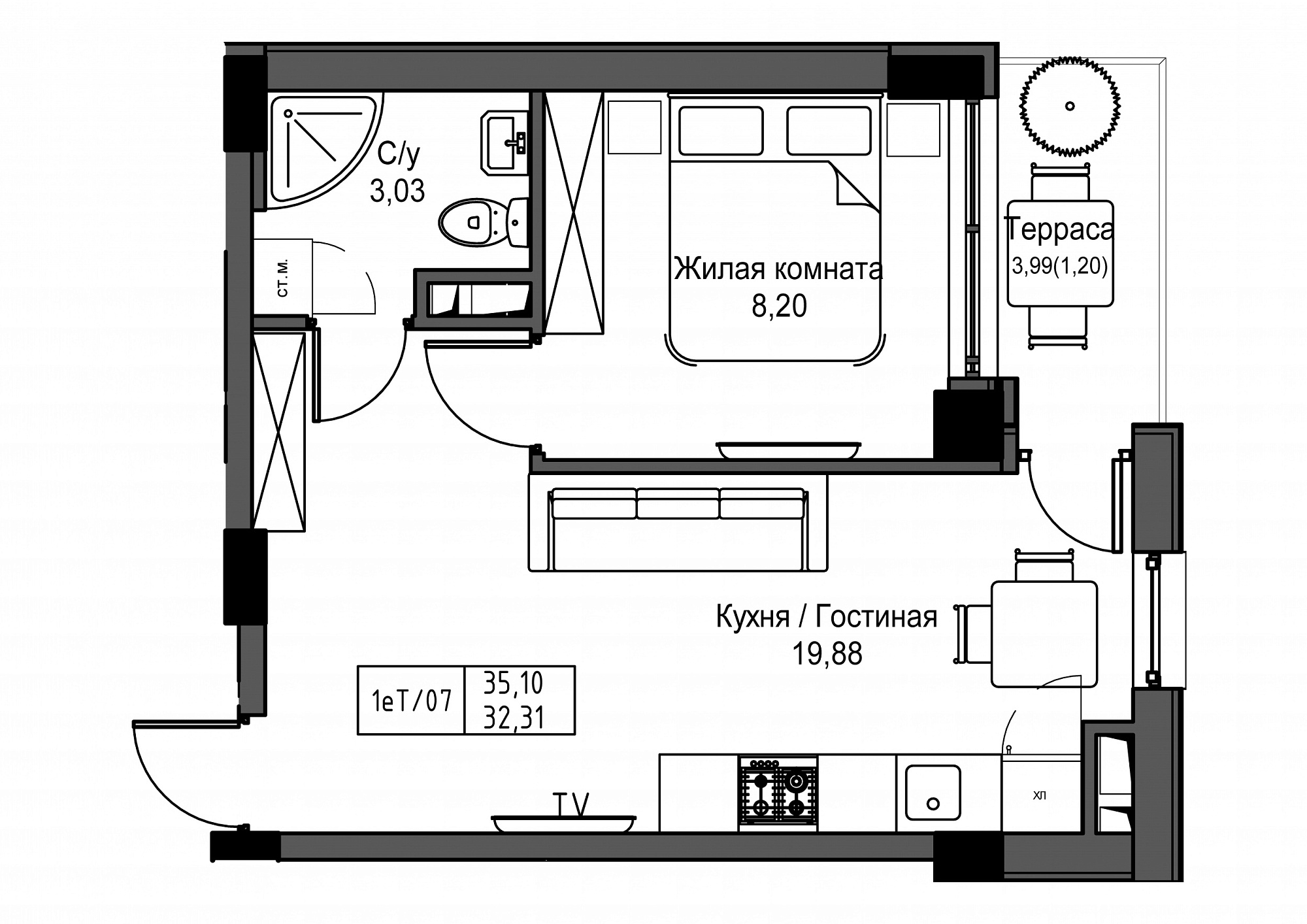 Планировка 1-к квартира площей 32.31м2, UM-003-02/0017.