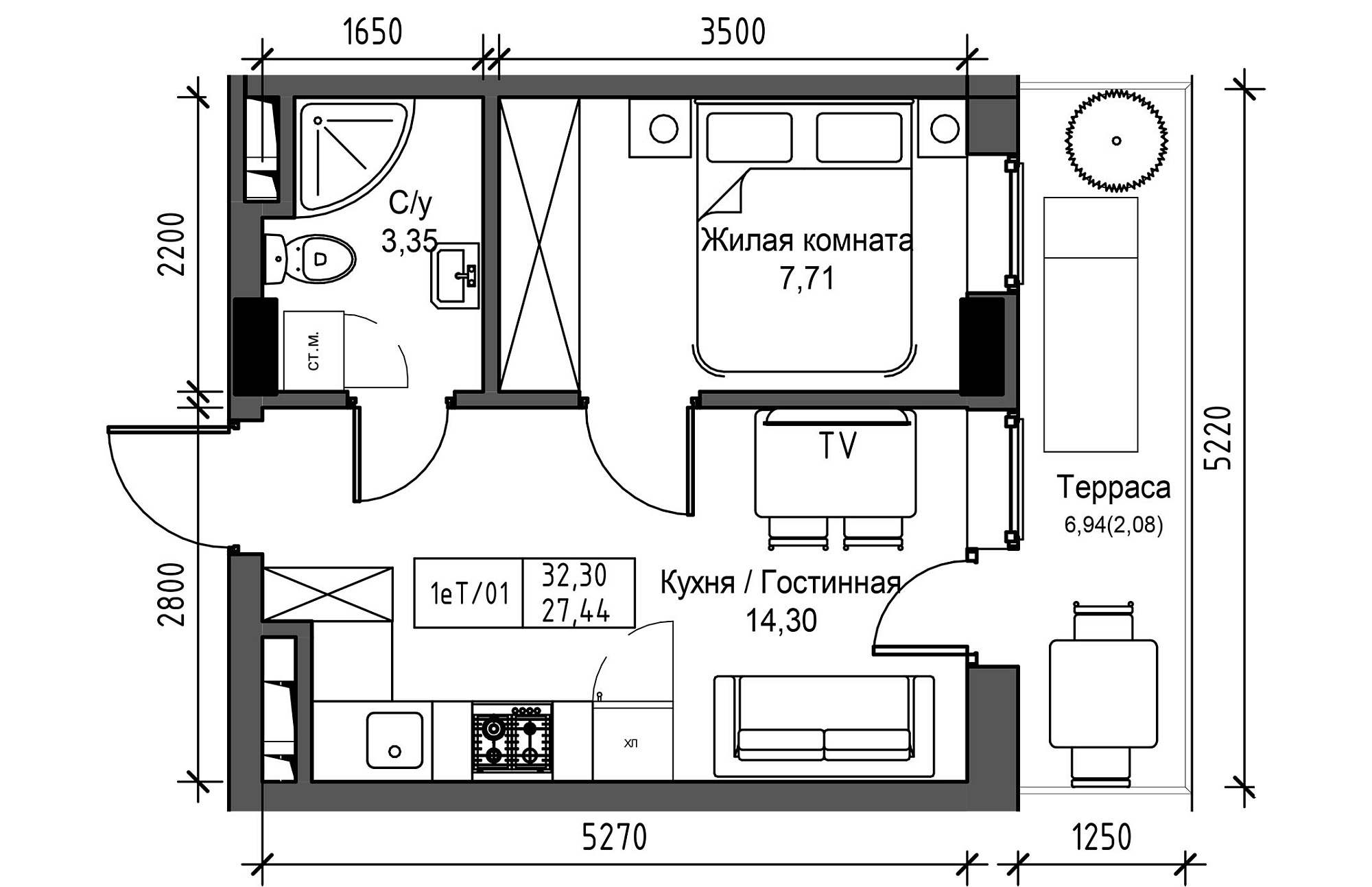 Планування 1-к квартира площею 27.44м2, UM-003-05/0036.