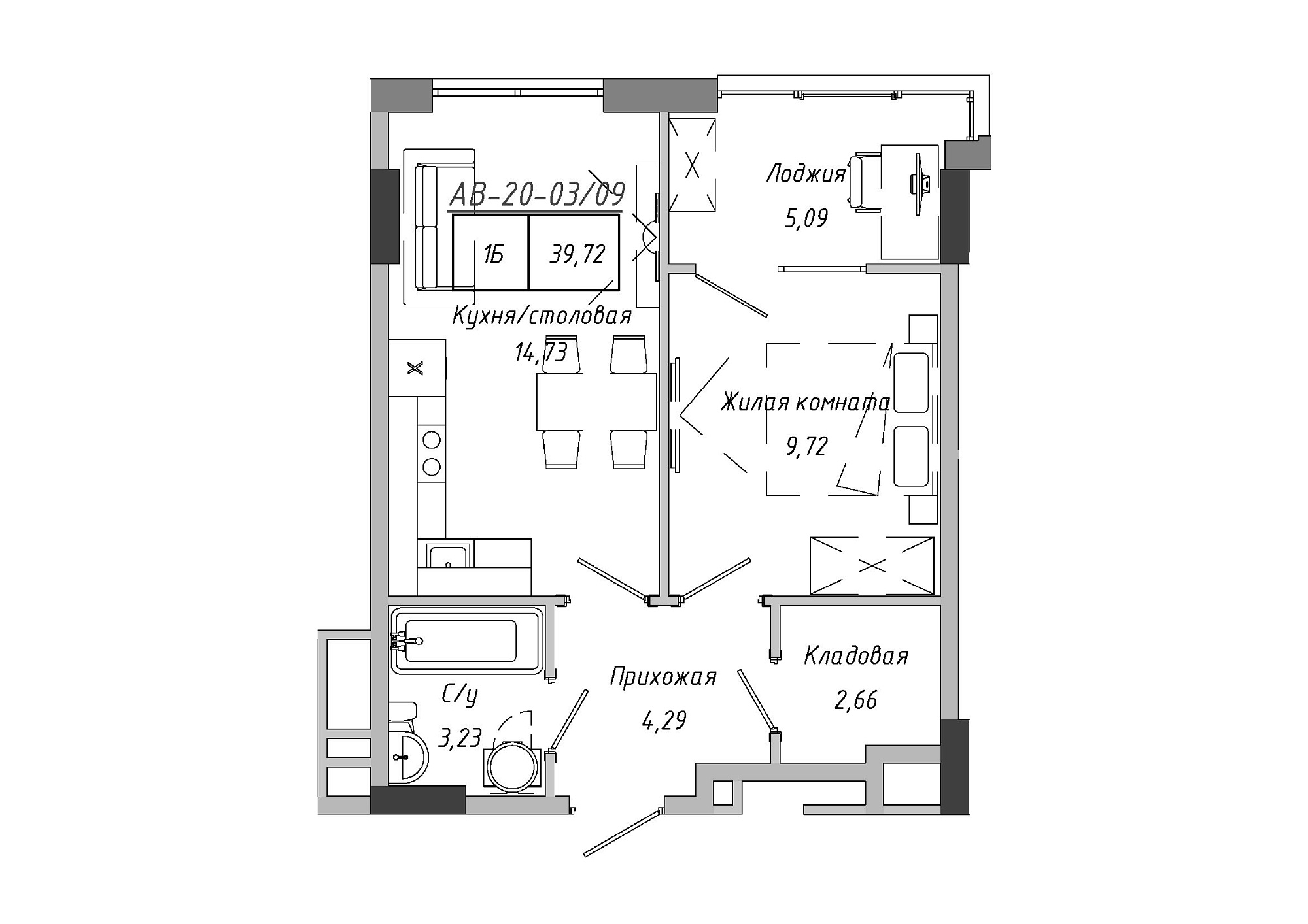 Планування 1-к квартира площею 39.72м2, AB-20-03/00009.