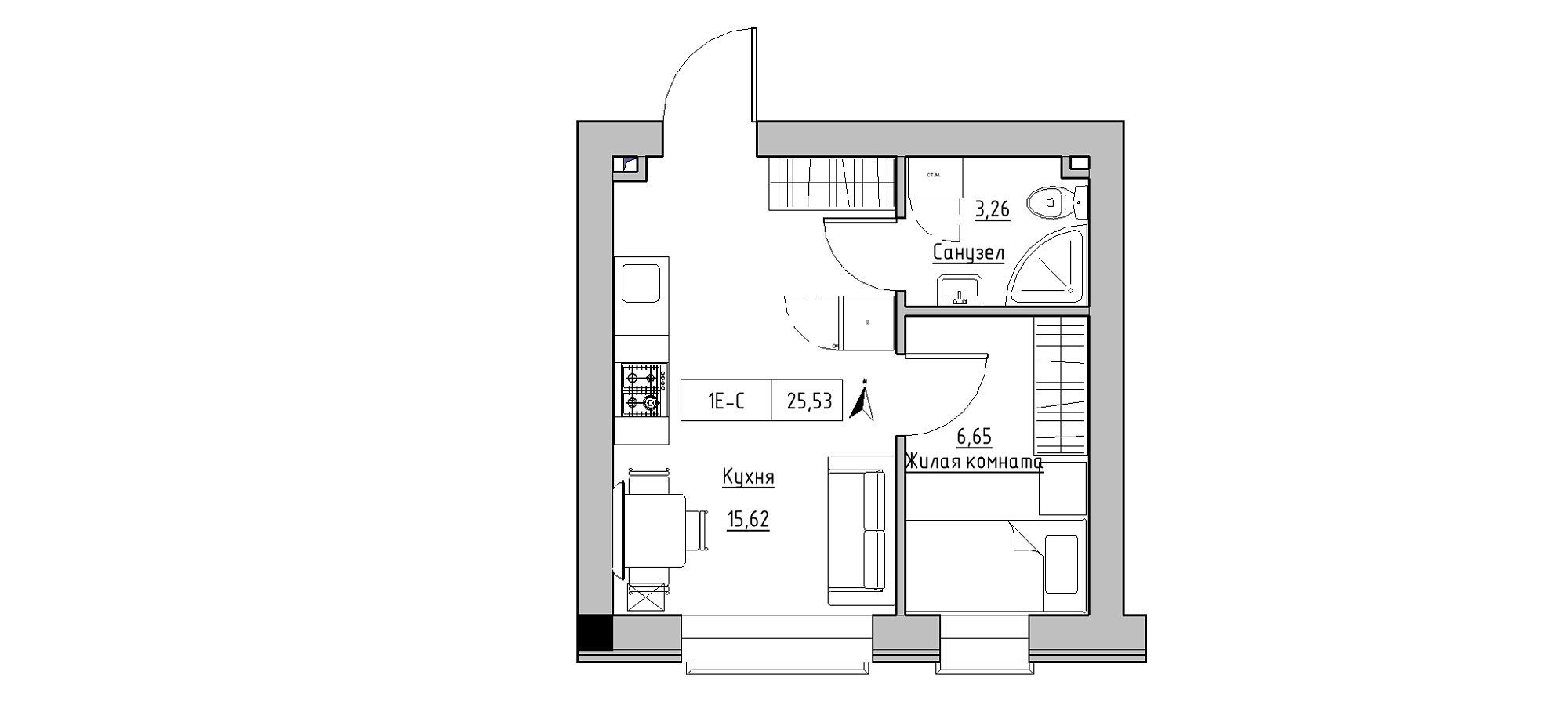 Планировка 1-к квартира площей 25.53м2, KS-020-03/0004.