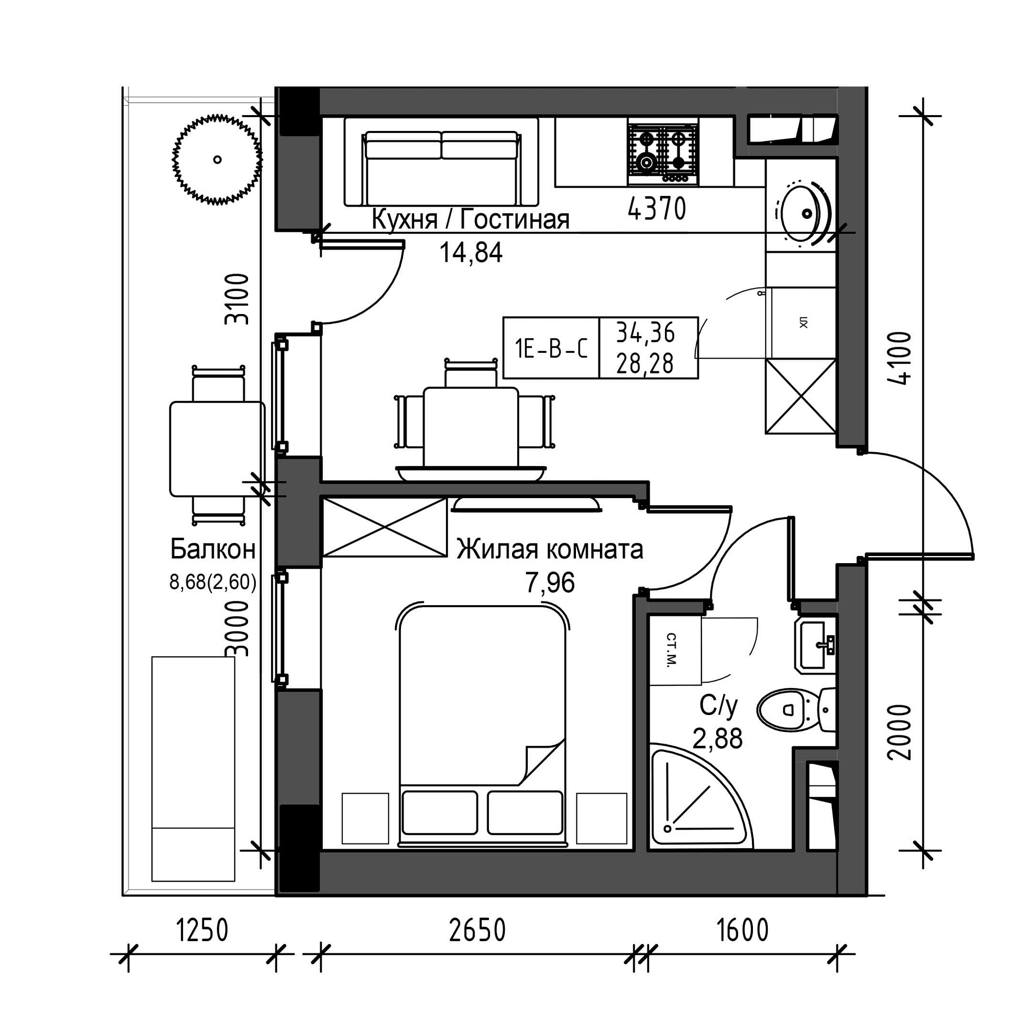 Планування 1-к квартира площею 28.28м2, UM-001-08/0014.