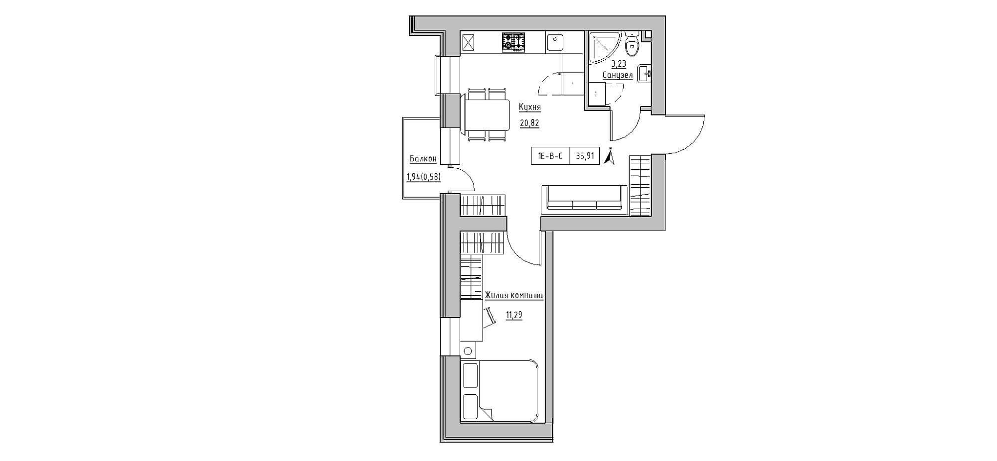 Планировка 1-к квартира площей 35.91м2, KS-020-03/0009.