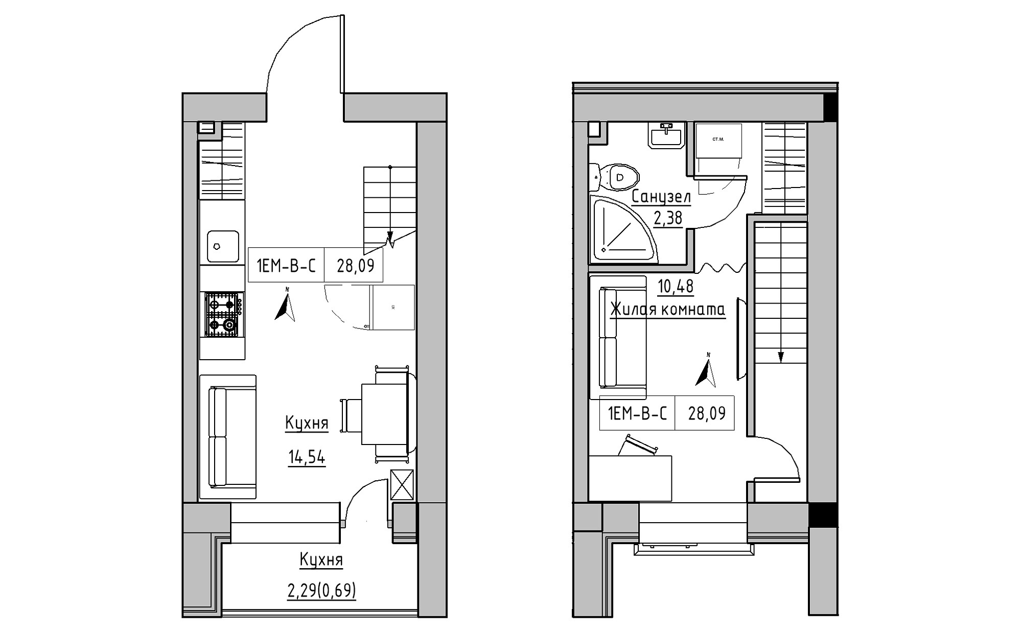 Planning 2-lvl flats area 28.09m2, KS-023-05/0009.
