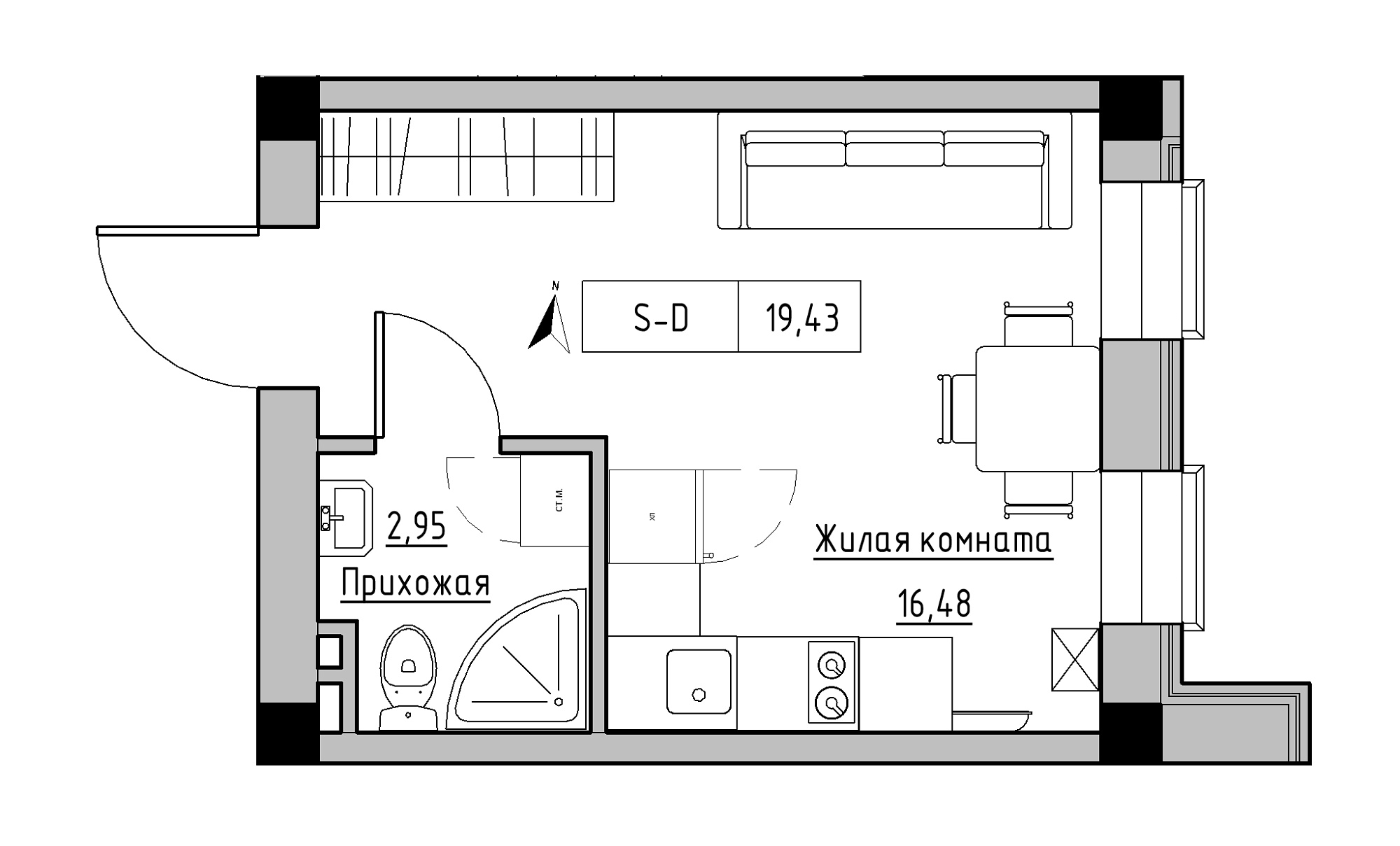 Планування Smart-квартира площею 19.43м2, KS-023-01/0006.