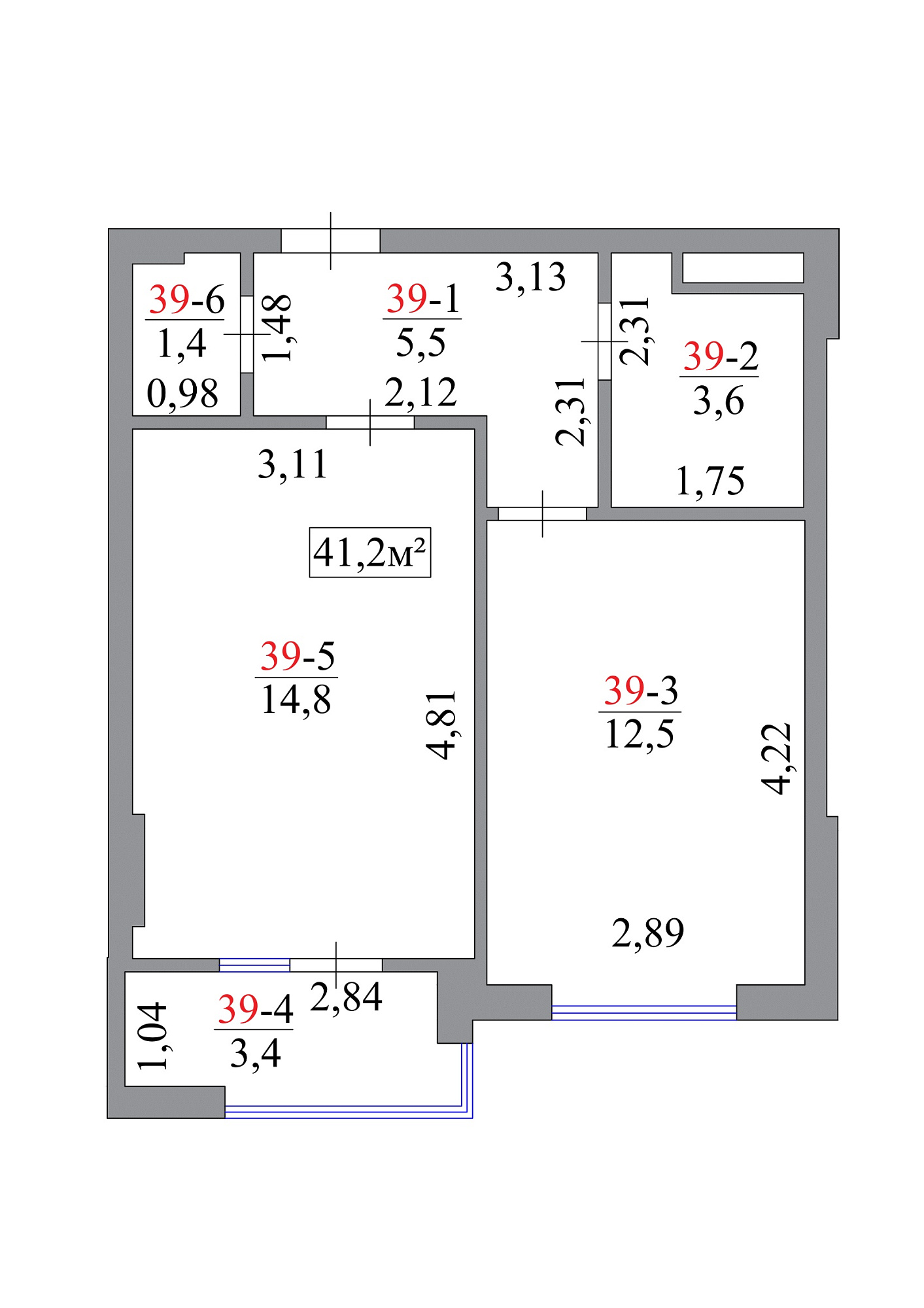 Планировка 1-к квартира площей 41.2м2, AB-07-04/00035.
