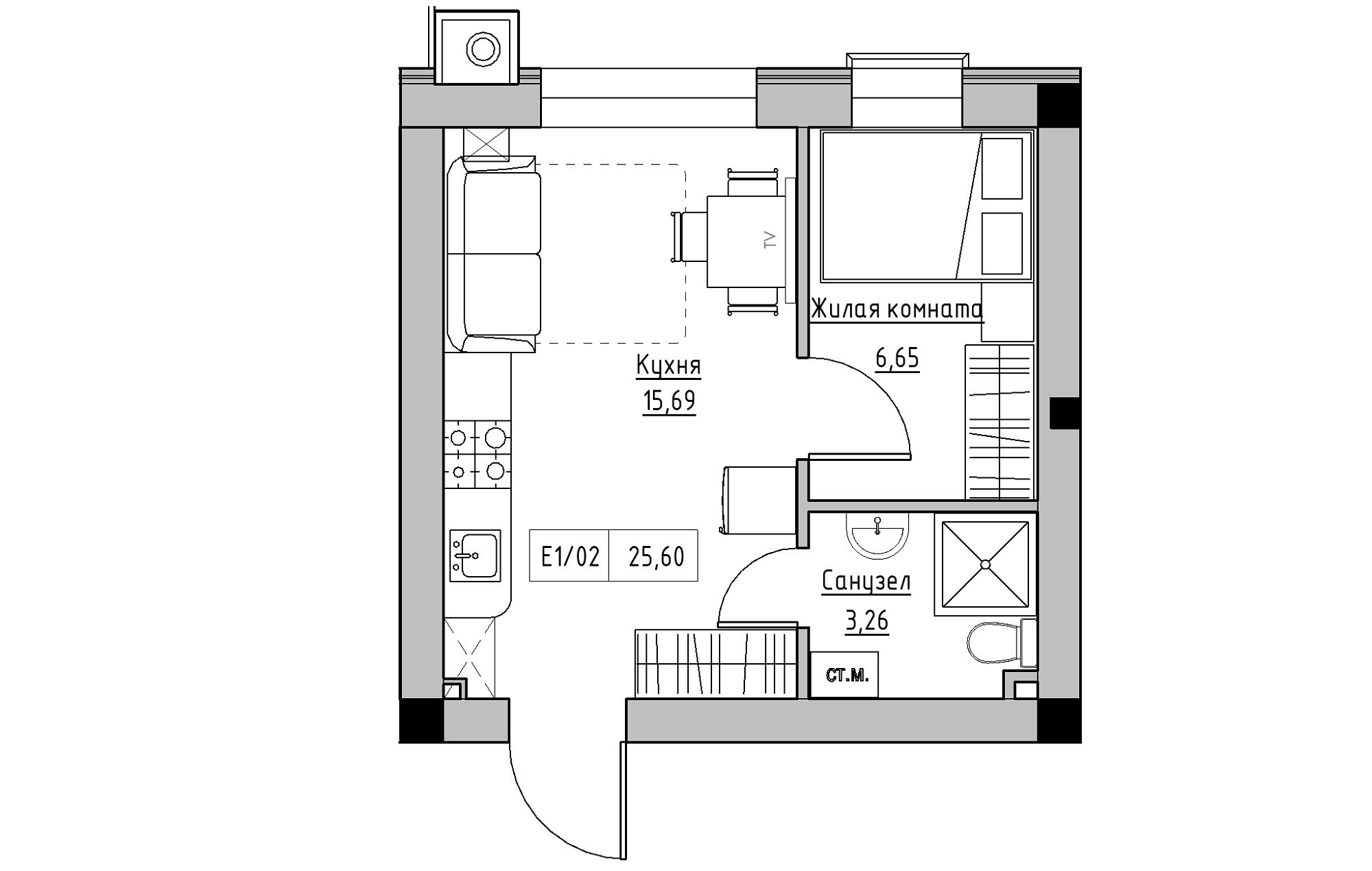 Планировка 1-к квартира площей 25.6м2, KS-013-05/0013.