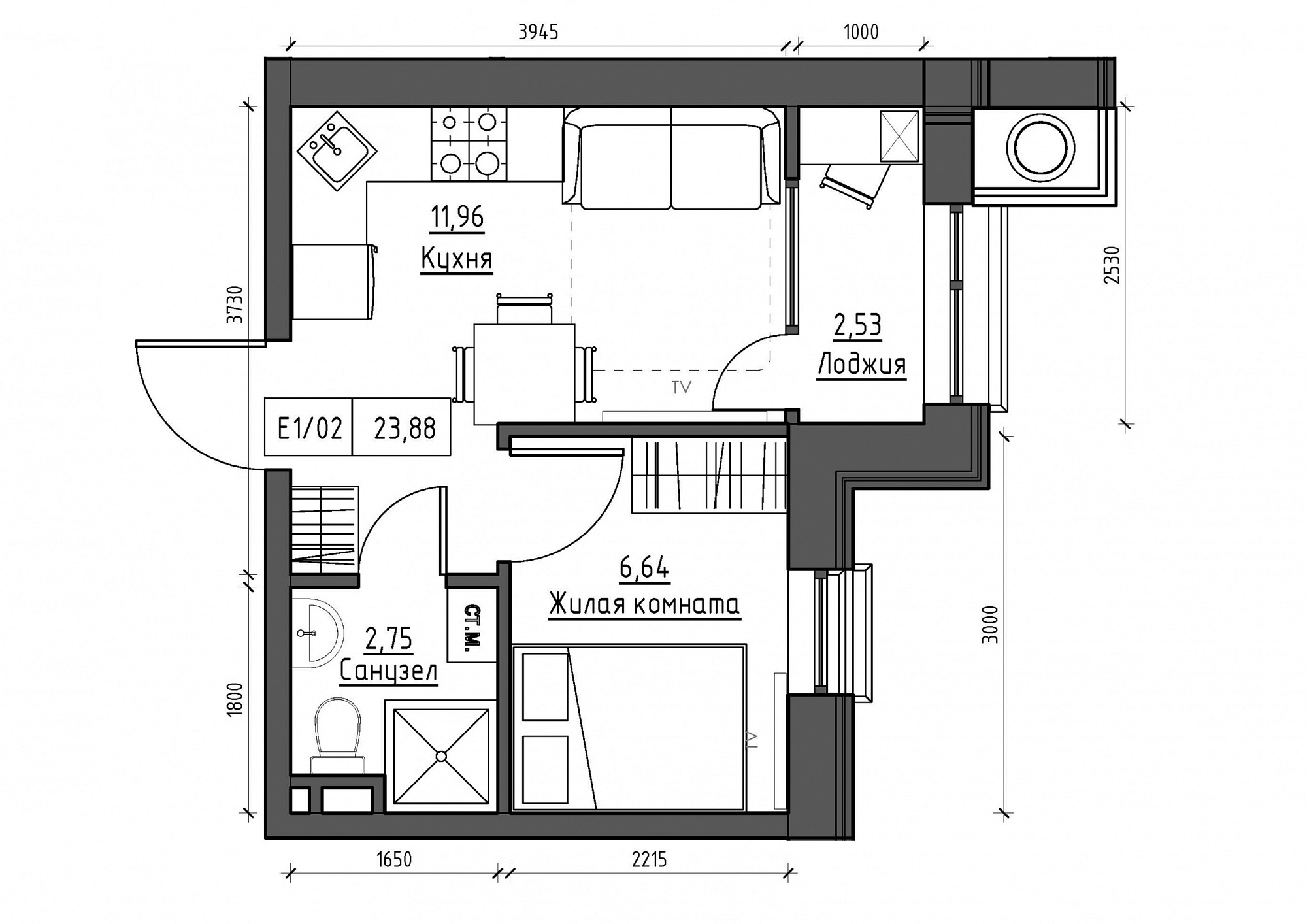 Планировка 1-к квартира площей 23.88м2, KS-012-02/0015.