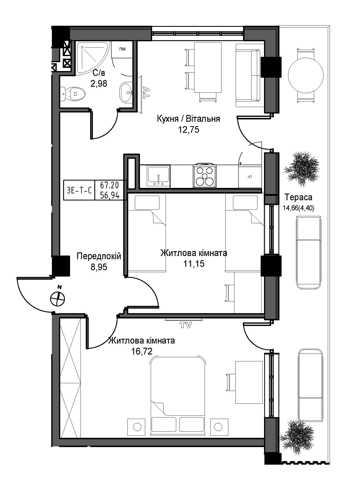 Планировка 2-к квартира площей 56.94м2, UM-007-11/0004.