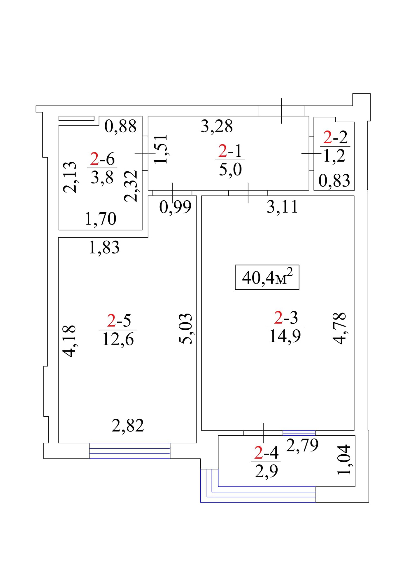 Planning 1-rm flats area 40.4m2, AB-01-01/00002.