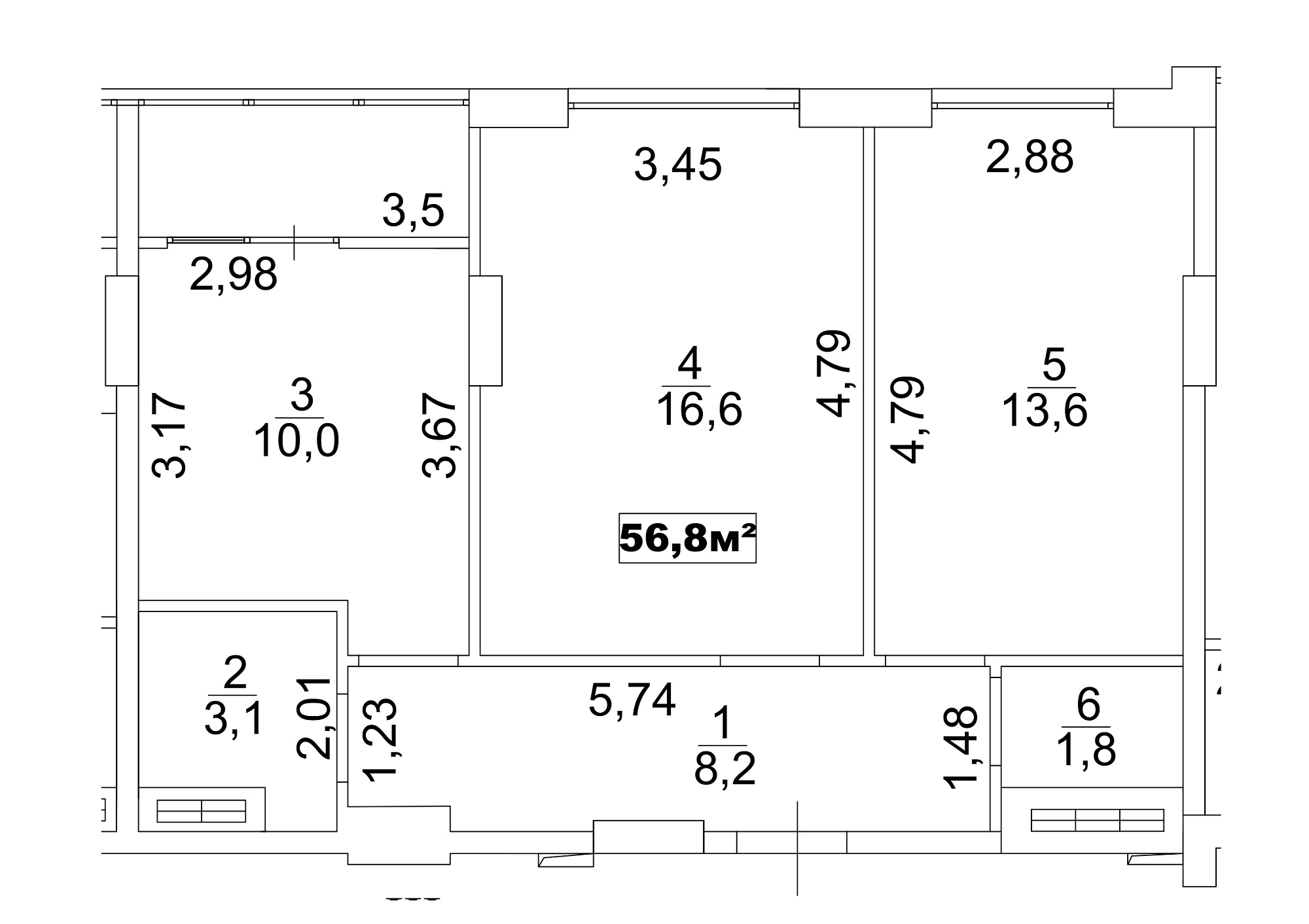 Планировка 2-к квартира площей 56.8м2, AB-13-02/00010.