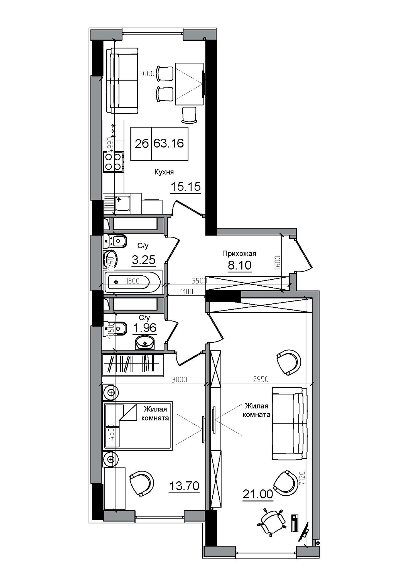 Планировка 2-к квартира площей 63.16м2, AB-12-12/00004.
