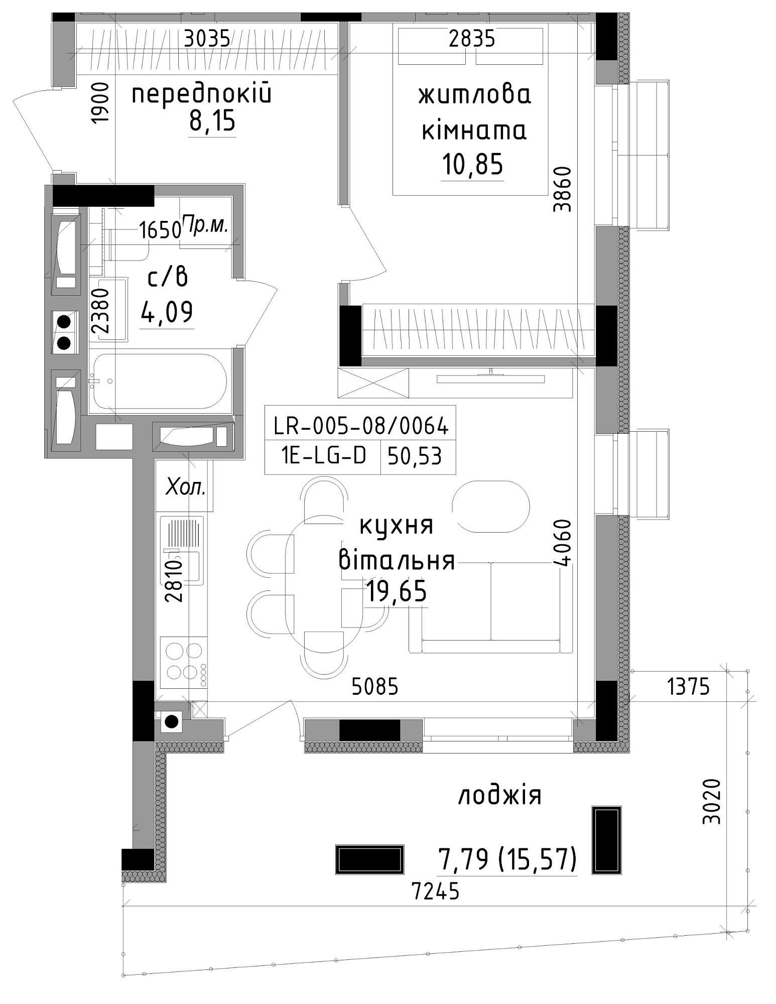 Планування 1-к квартира площею 50.53м2, LR-005-08/0064.