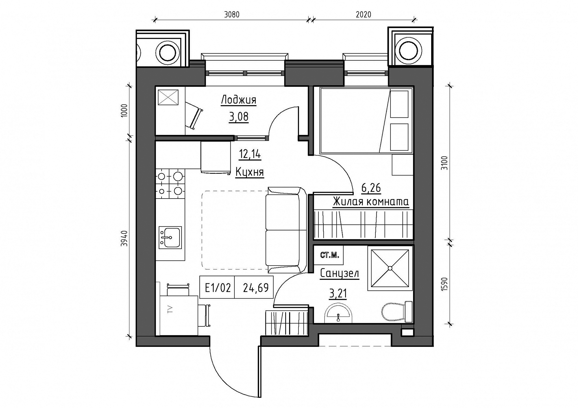 Планировка 1-к квартира площей 25.11м2, KS-012-03/0002.