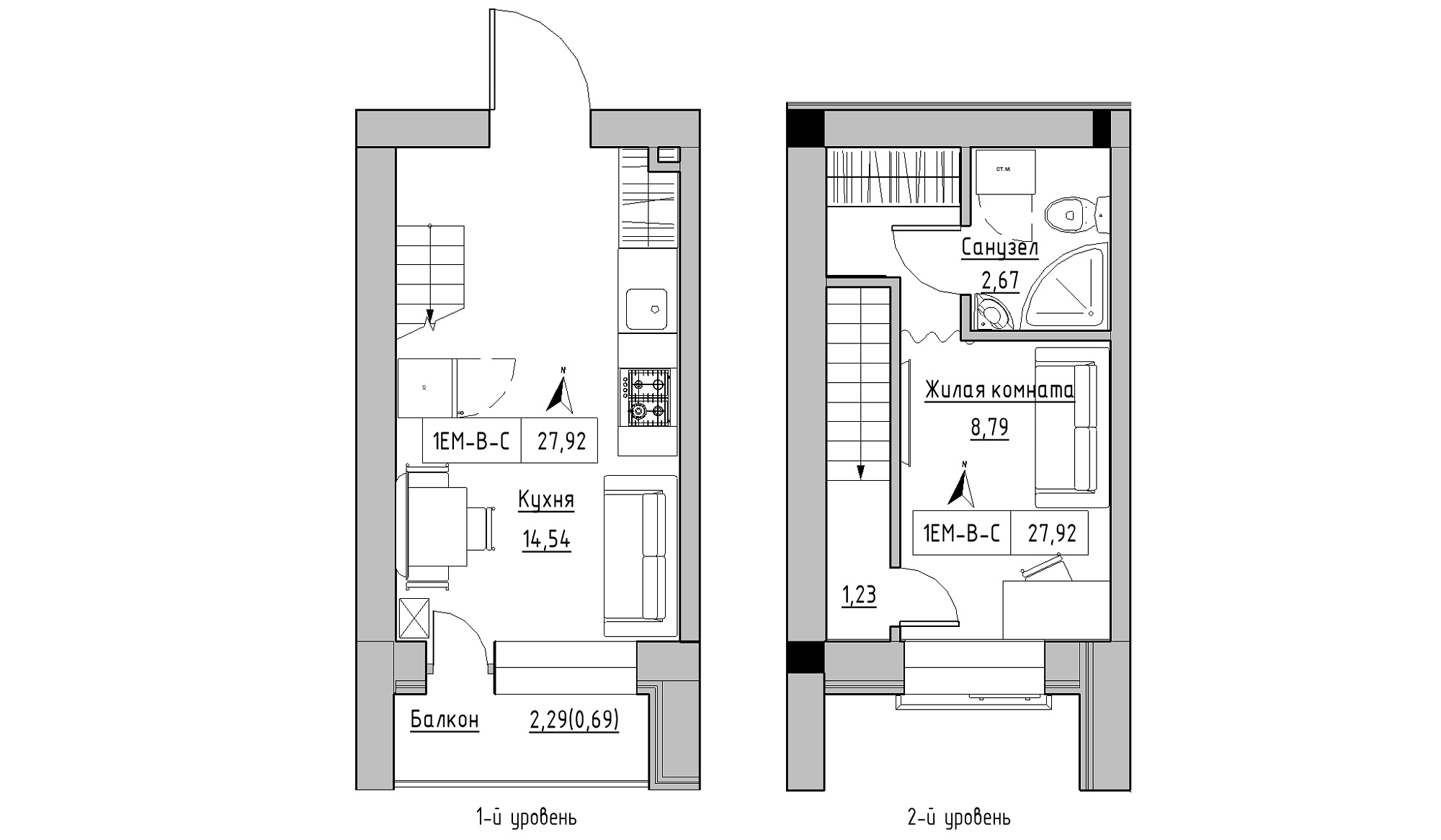 Planning 2-lvl flats area 27.92m2, KS-016-05/0010.