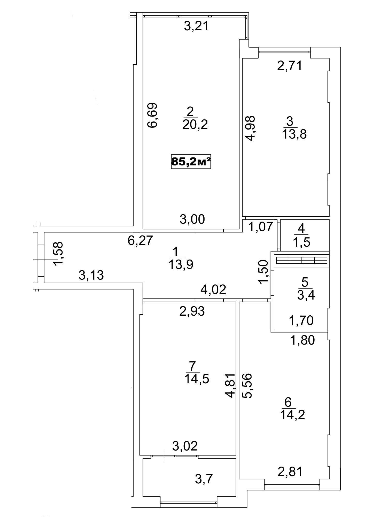 Планировка 3-к квартира площей 85.2м2, AB-13-04/00031.