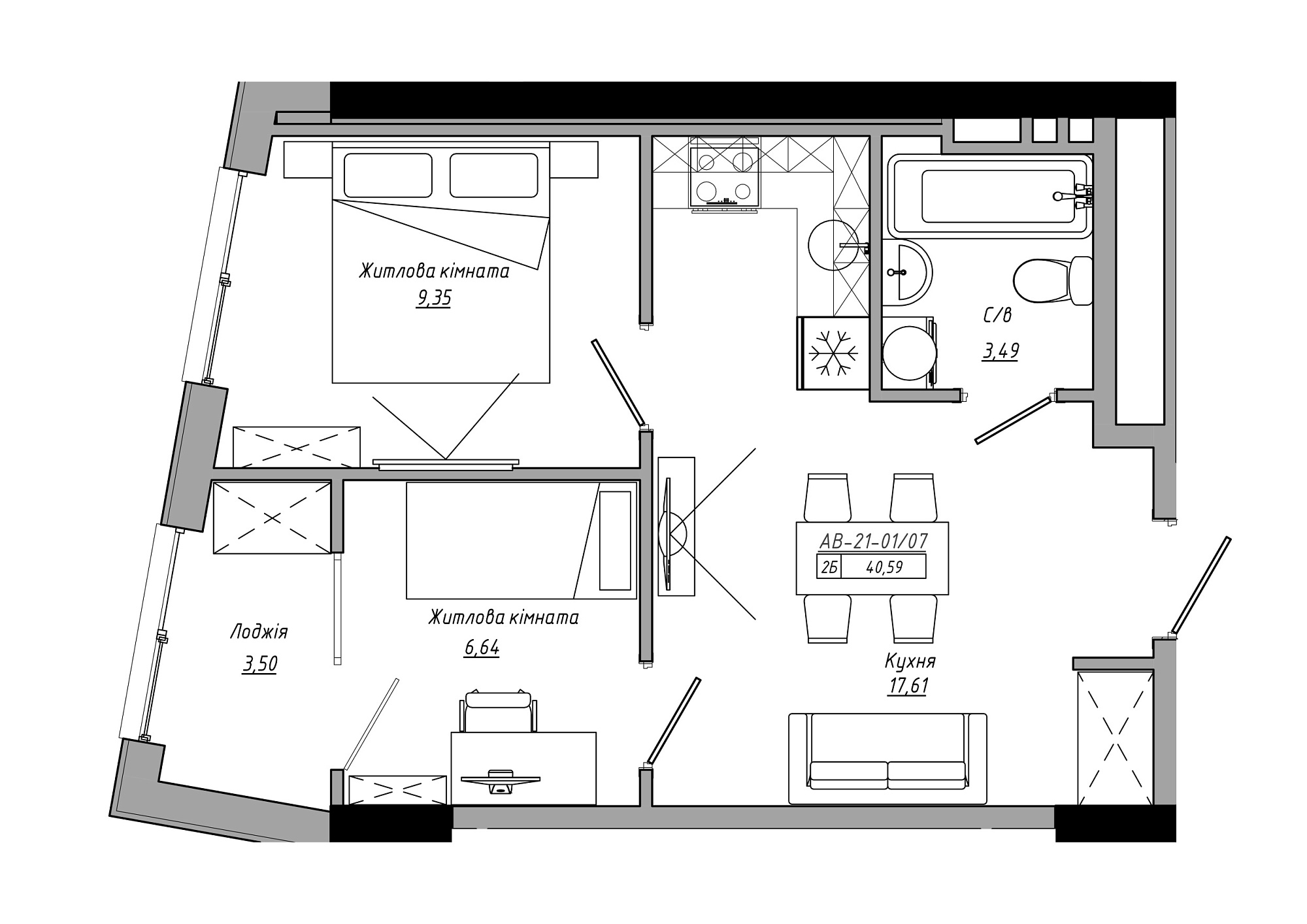Планування 2-к квартира площею 40.59м2, AB-21-01/00007.