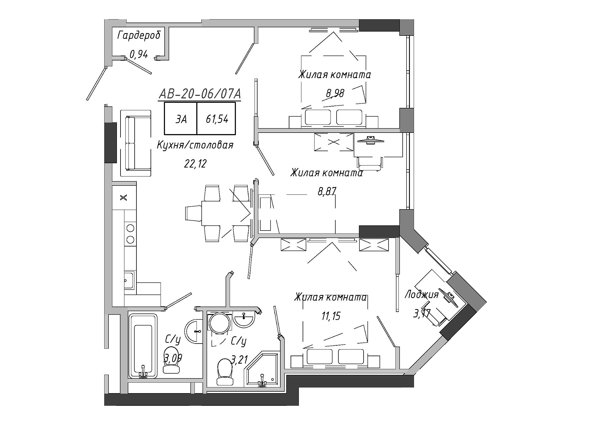 Планування 3-к квартира площею 62.67м2, AB-20-06/0007а.