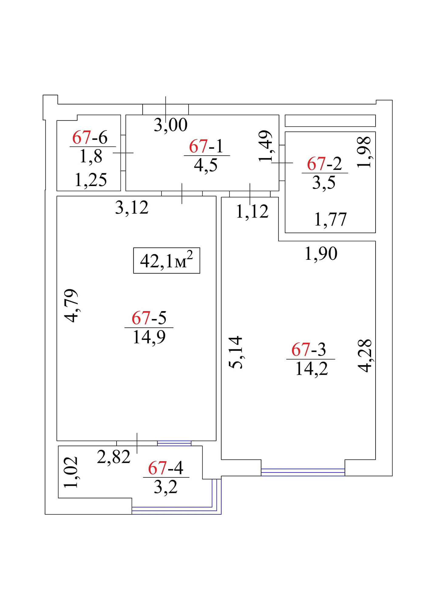 Планування 1-к квартира площею 42.1м2, AB-01-08/00063.