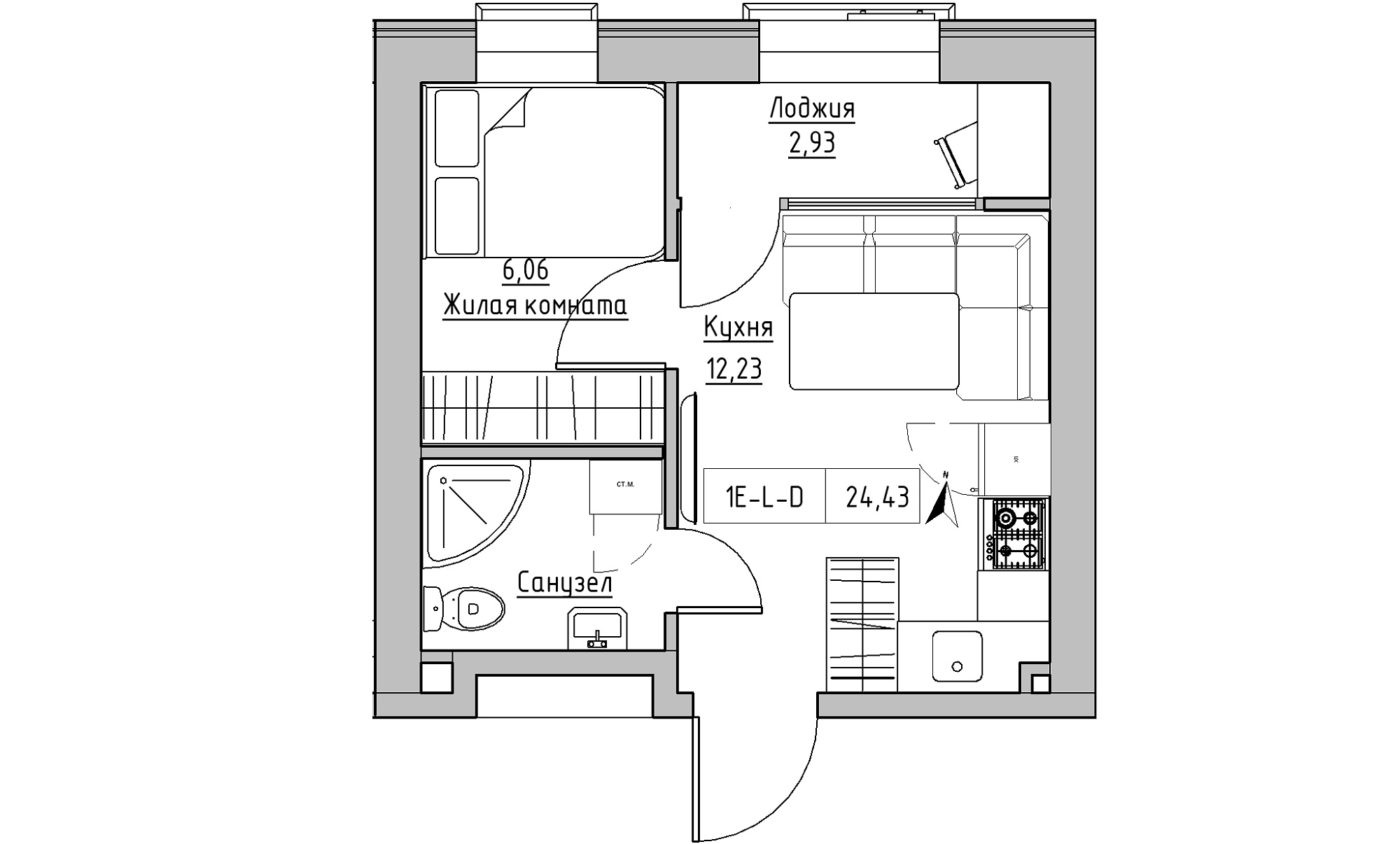 Планировка 1-к квартира площей 24.43м2, KS-023-02/0016.