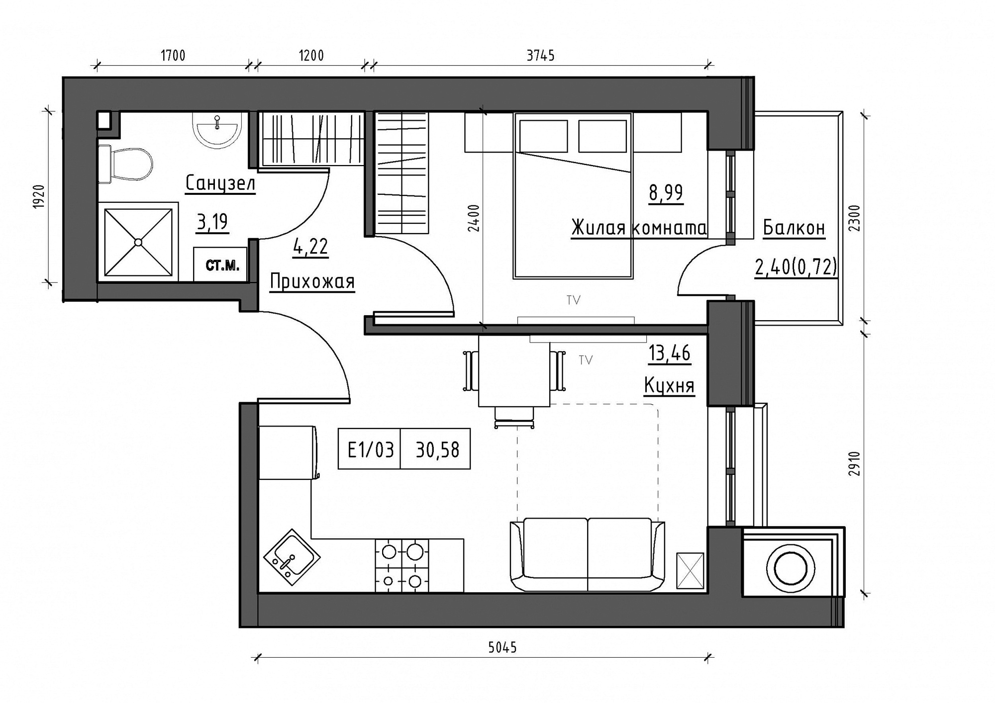 Планировка 1-к квартира площей 30.58м2, KS-012-04/0013.