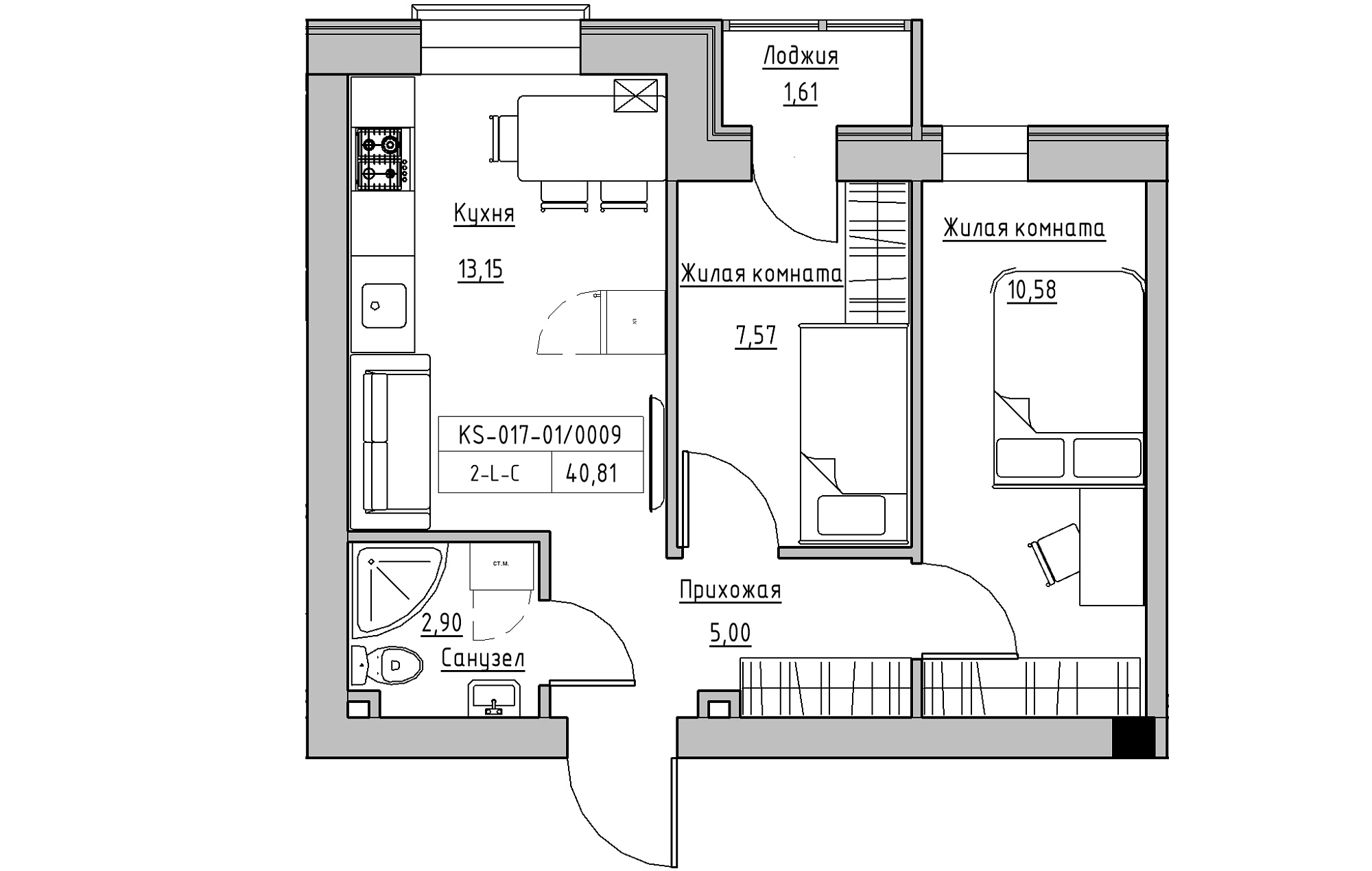 Планировка 2-к квартира площей 40.81м2, KS-017-01/0009.