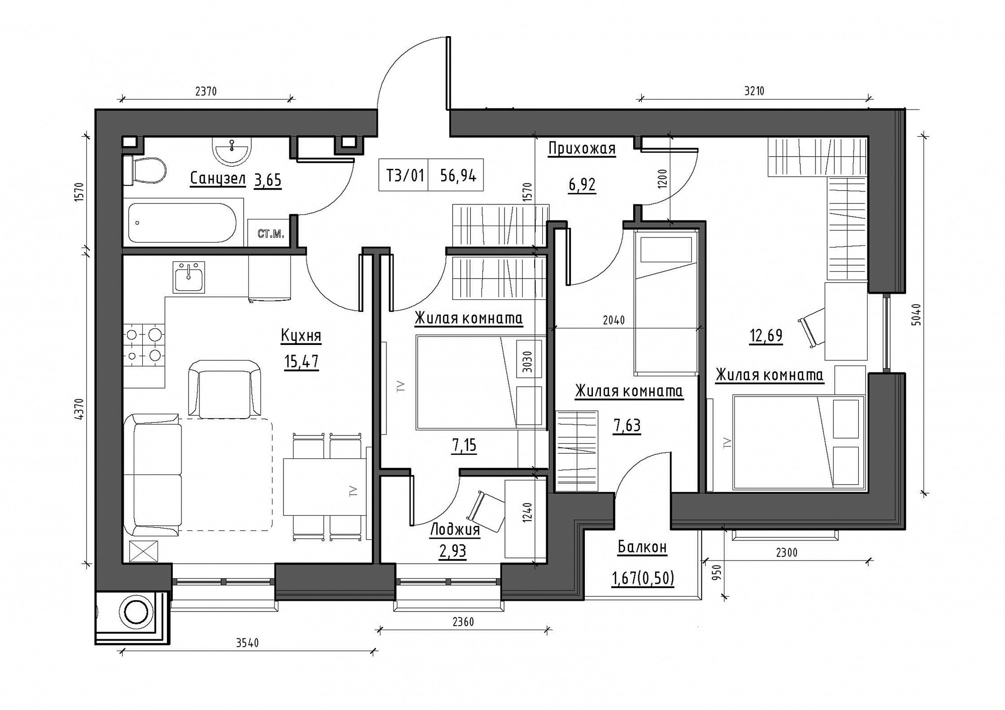 Планування 3-к квартира площею 56.94м2, KS-011-02/0008.