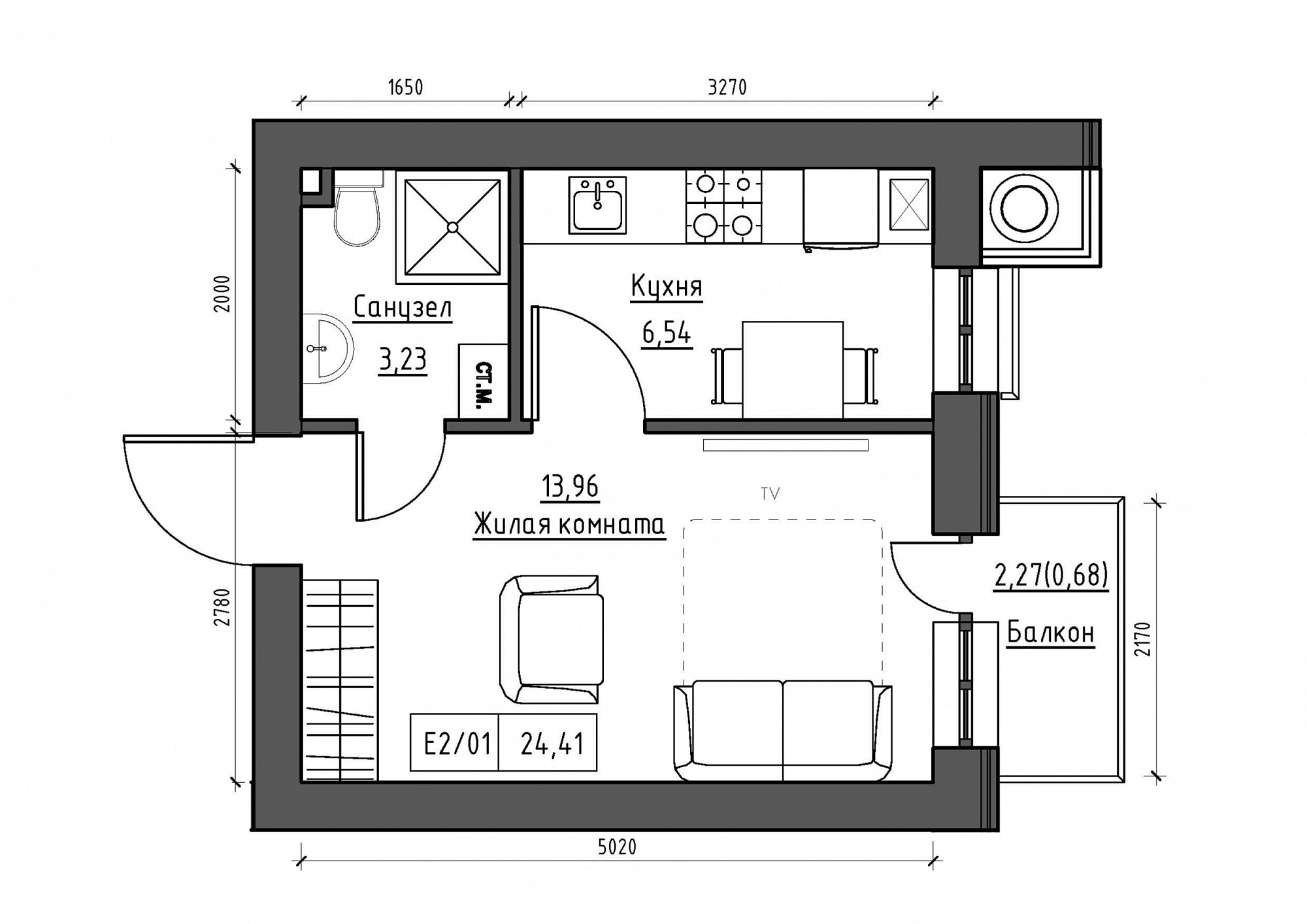 Планировка 1-к квартира площей 24.41м2, KS-011-03/0007.
