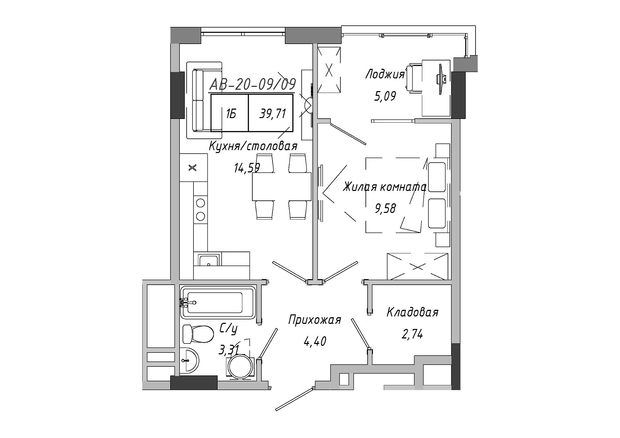 Планировка 1-к квартира площей 37.59м2, AB-20-09/00009.