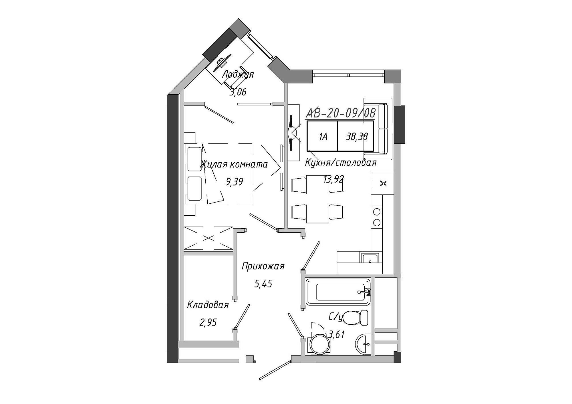 Планування 1-к квартира площею 38.85м2, AB-20-09/00008.