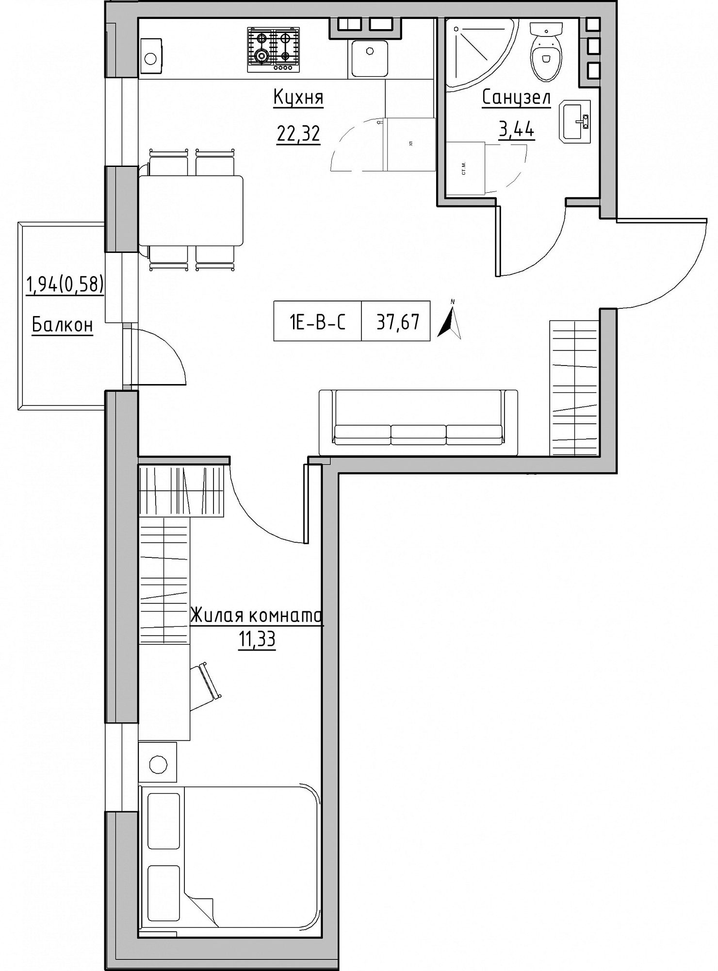 Планировка 1-к квартира площей 37.67м2, KS-024-02/0009.