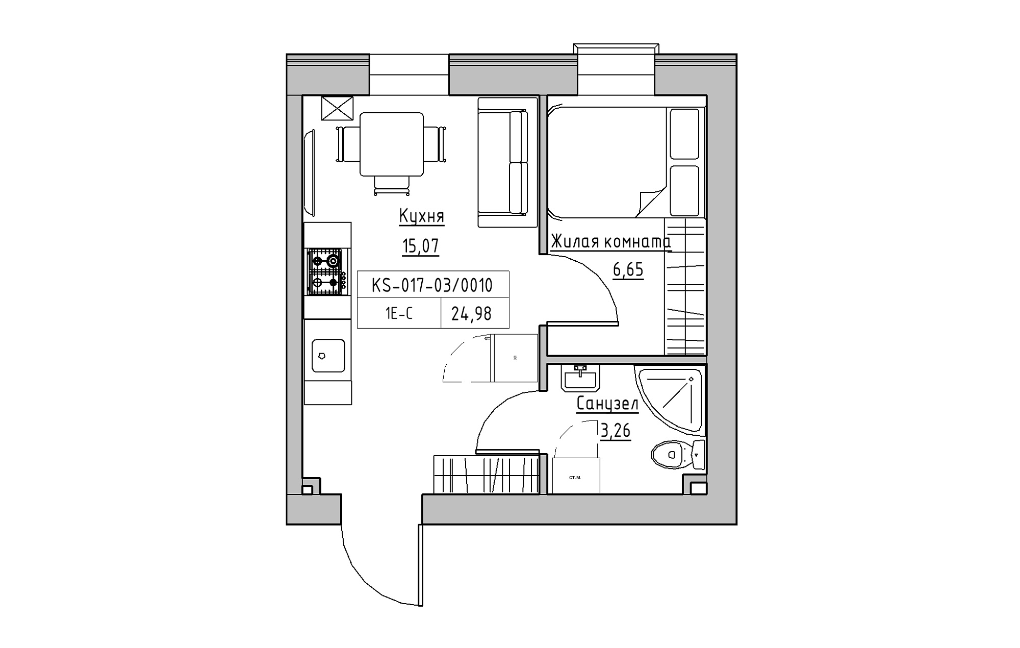 Планировка 1-к квартира площей 24.98м2, KS-017-03/0010.