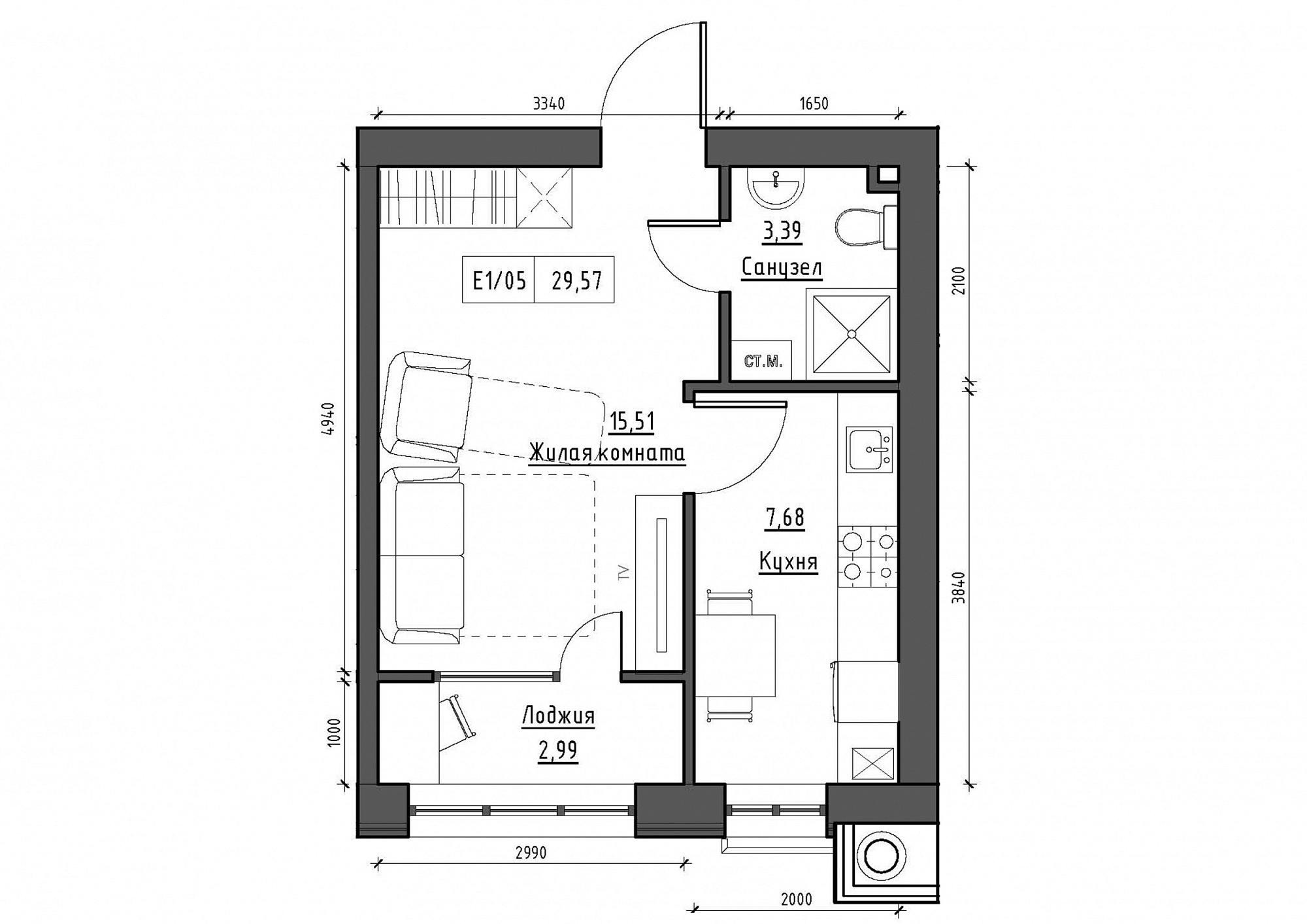 Планировка 1-к квартира площей 29.57м2, KS-012-03/0006.