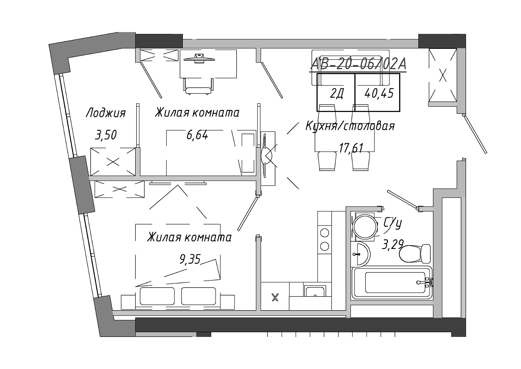 Планировка 2-к квартира площей 41.9м2, AB-20-06/0002а.