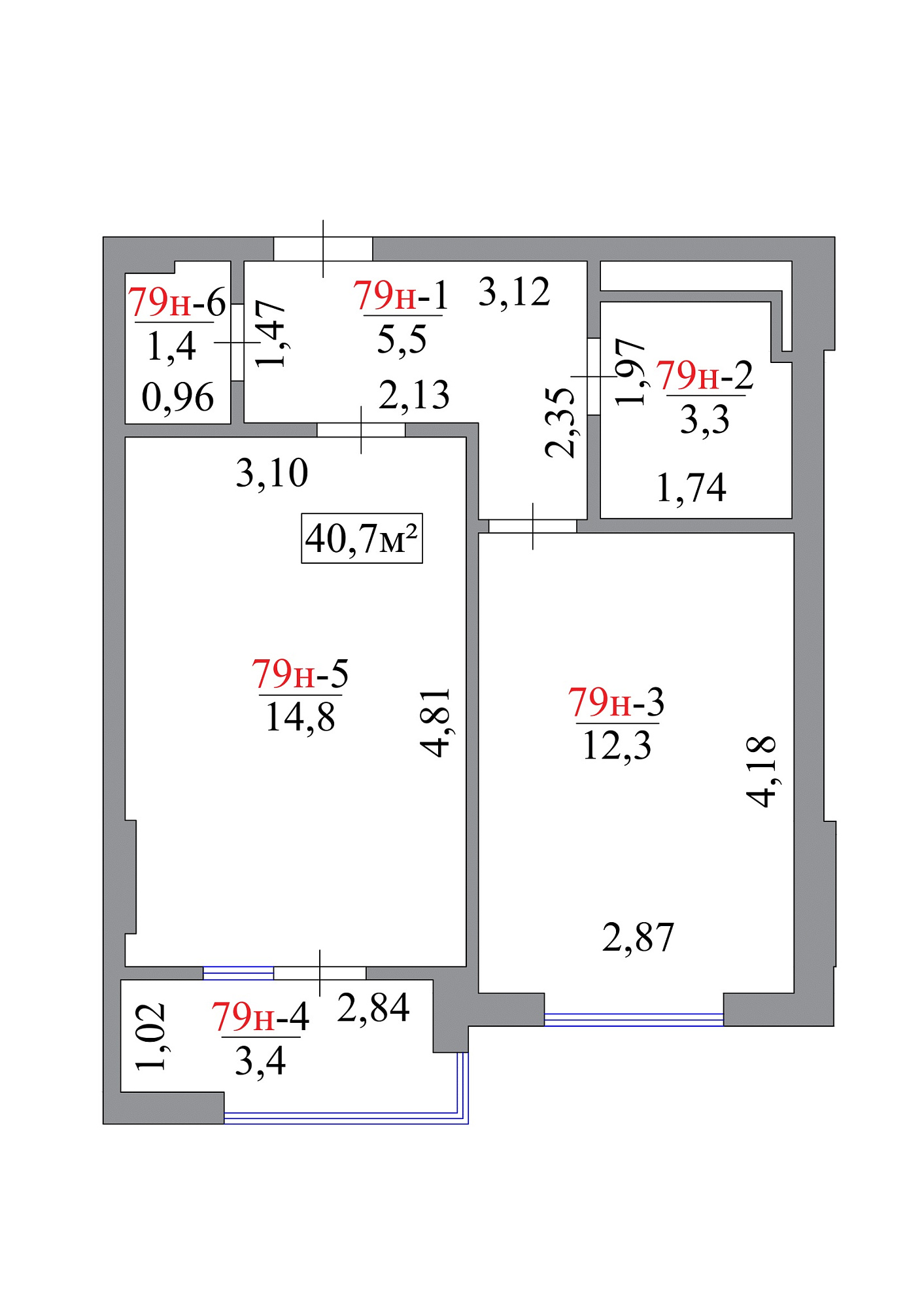 Планировка 1-к квартира площей 40.7м2, AB-07-08/00071.