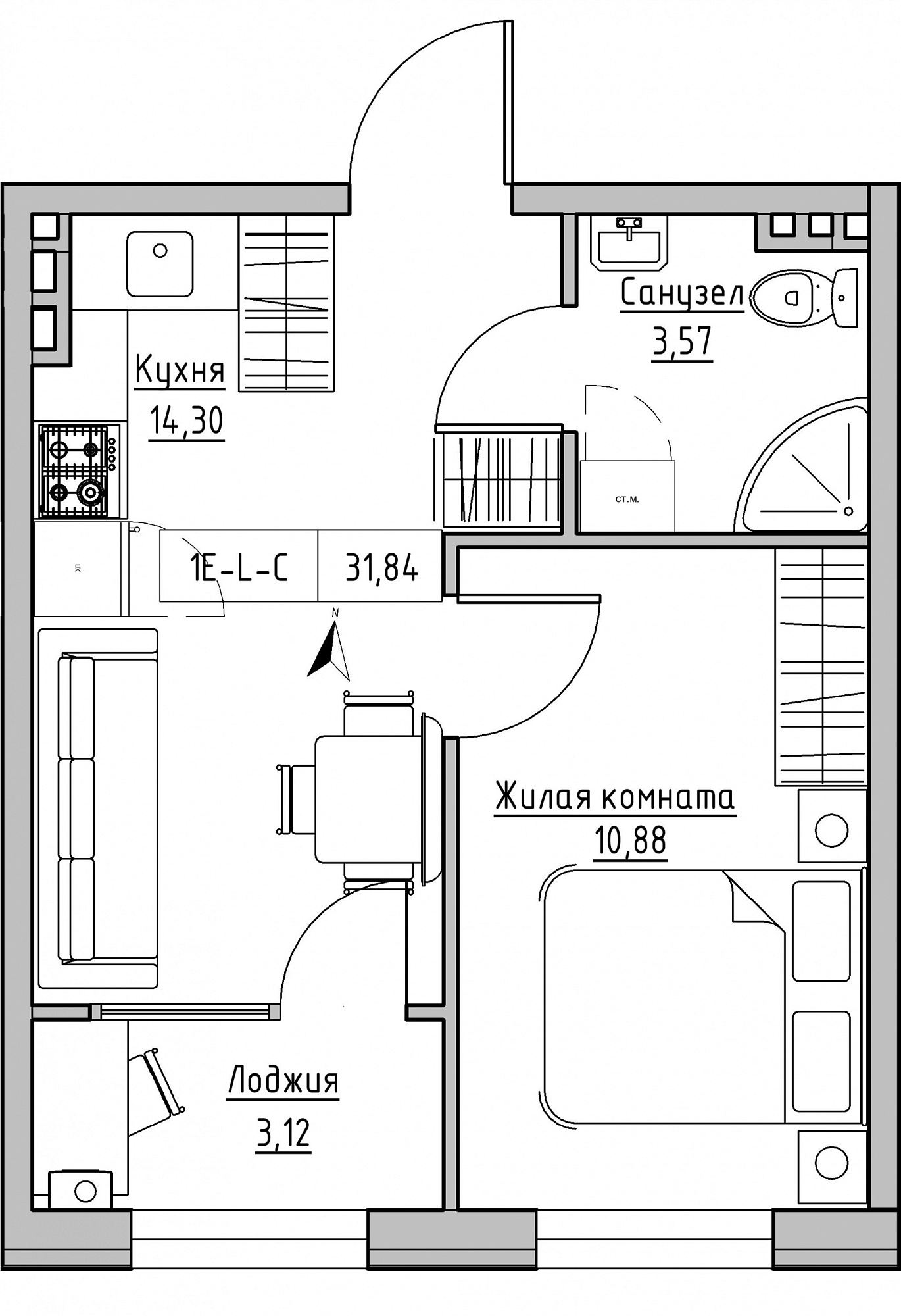 Planning 1-rm flats area 31.84m2, KS-024-02/0006.