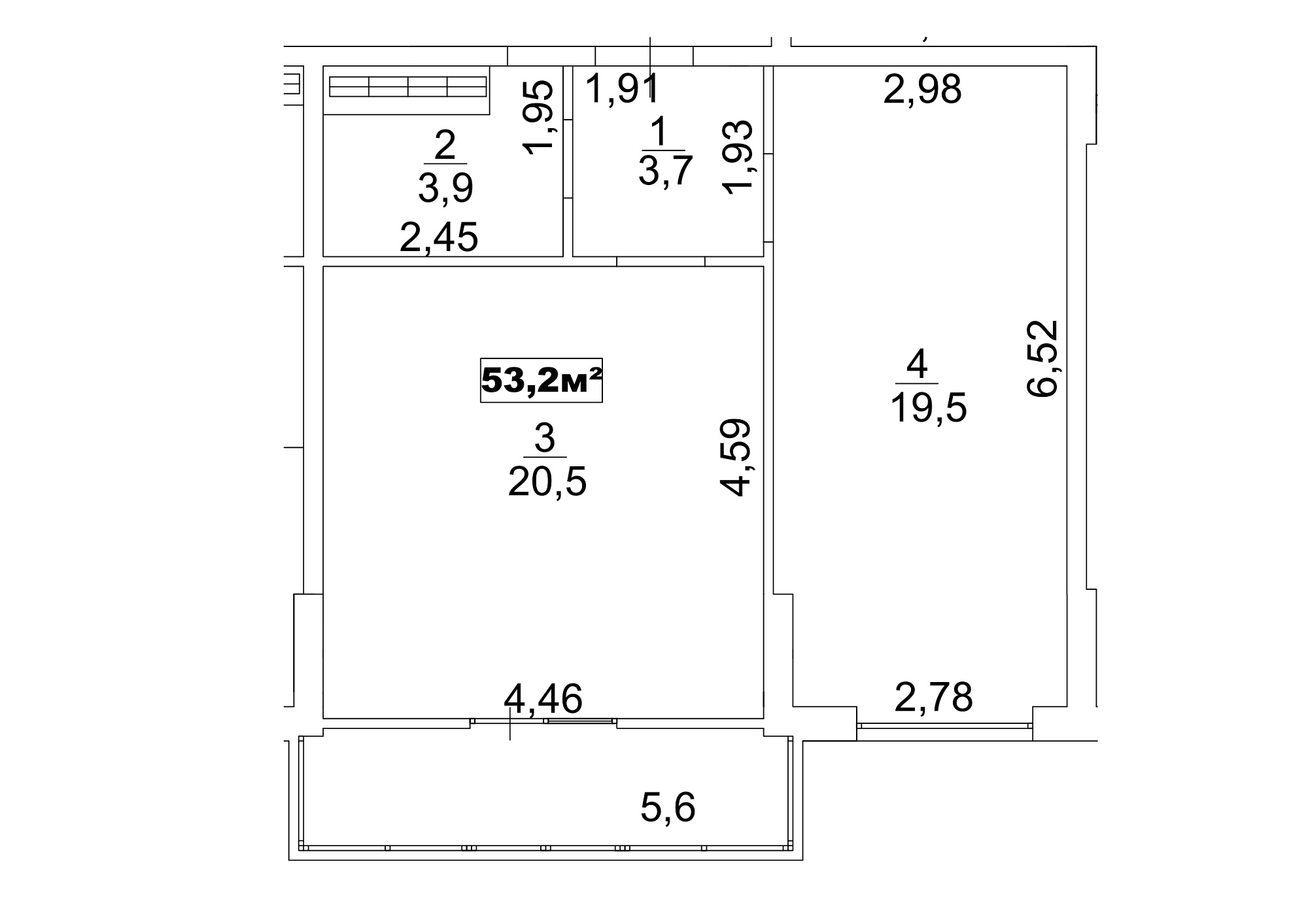 Planning 1-rm flats area 53.2m2, AB-13-05/00041.