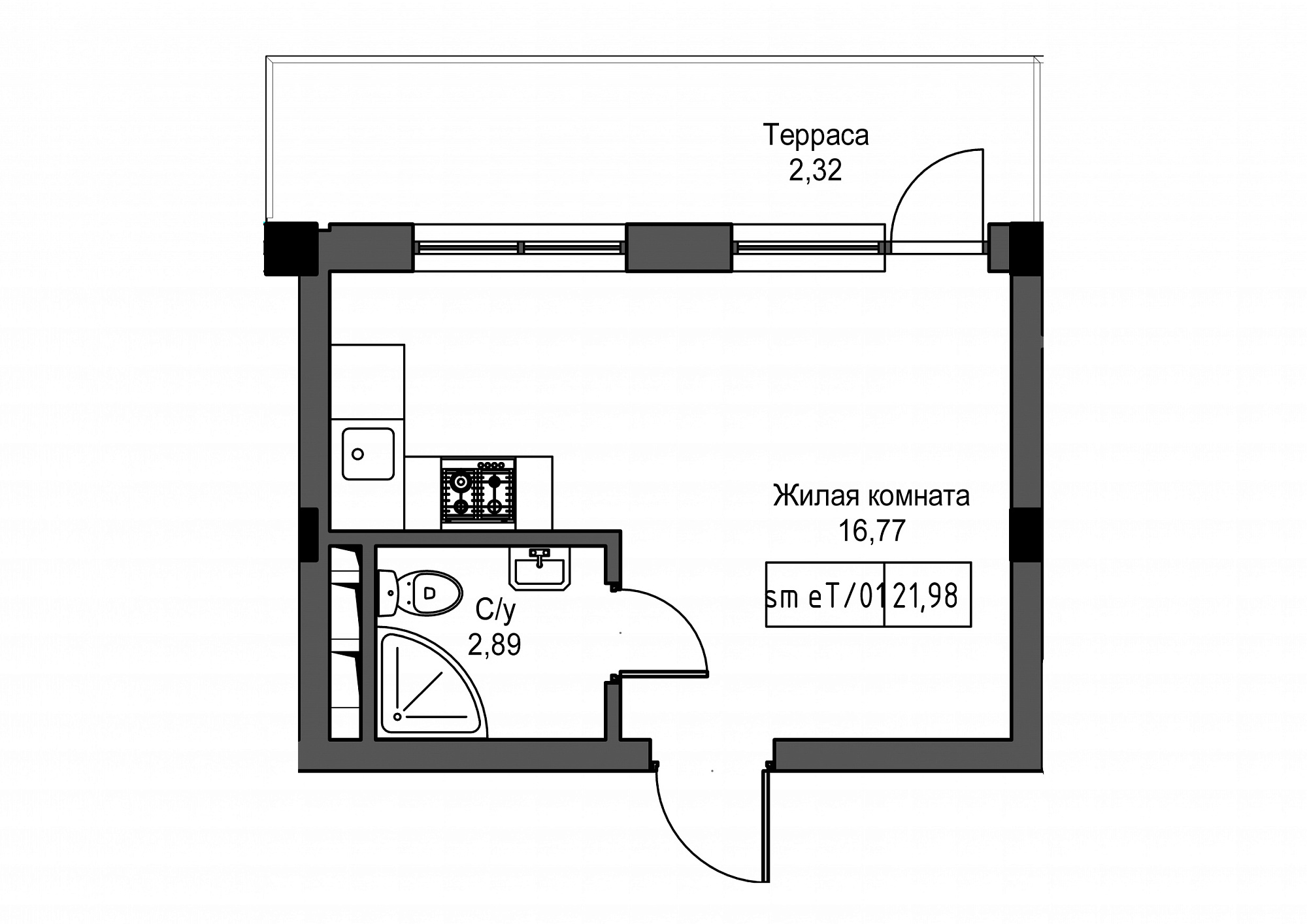Планування Smart-квартира площею 21.98м2, UM-002-02/0102.