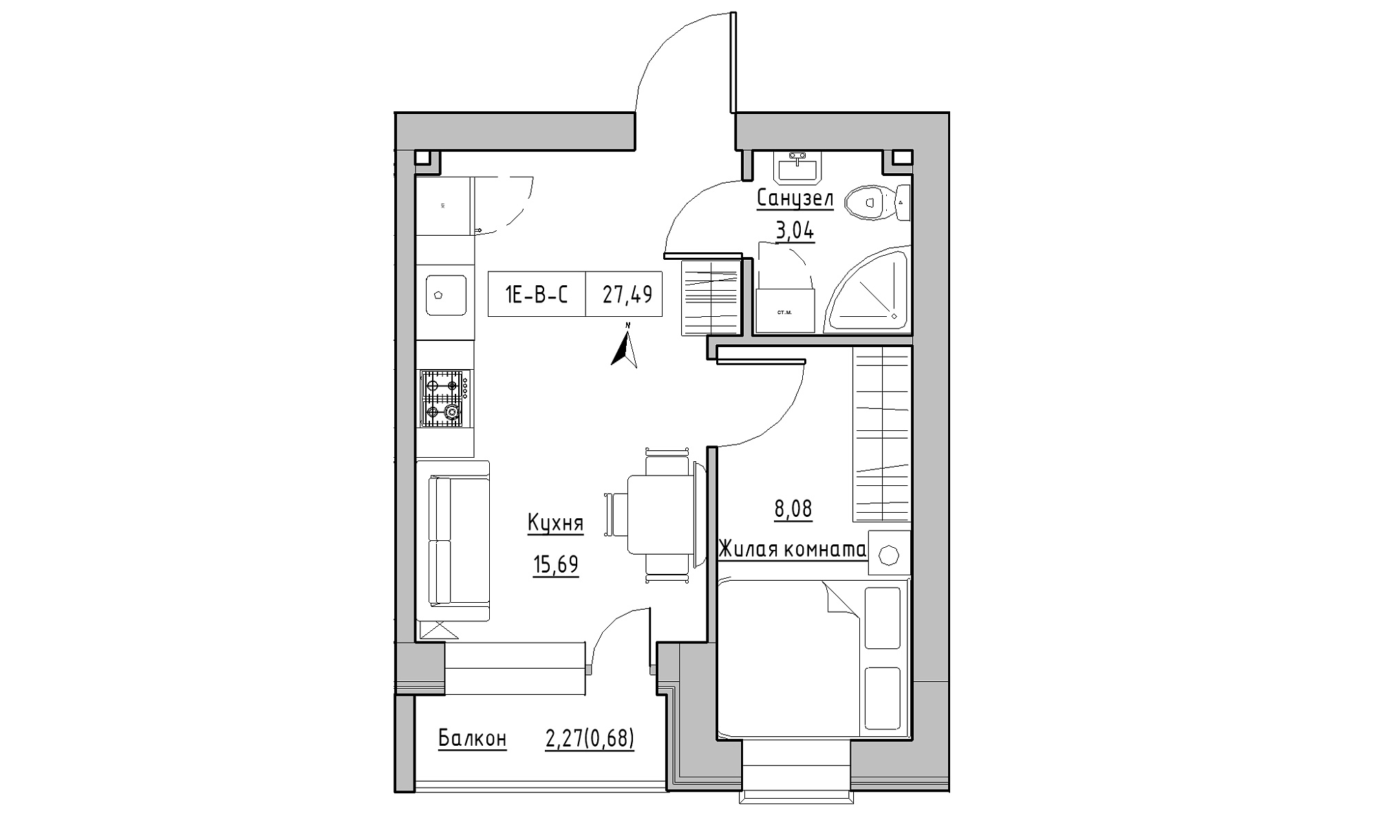 Планировка 1-к квартира площей 27.49м2, KS-016-05/0007.