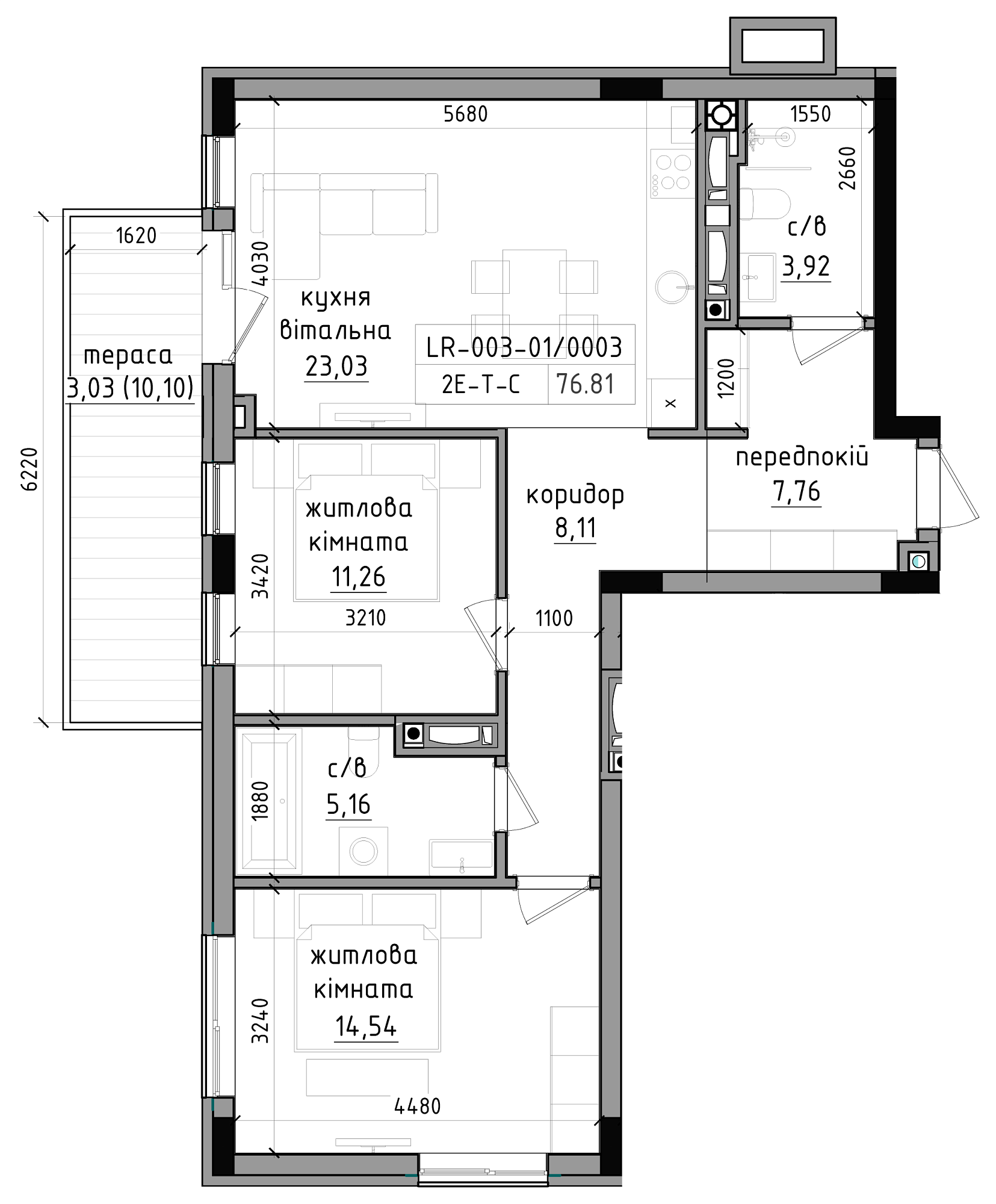 Planning 2-rm flats area 76.81m2, LR-003-01/0003.